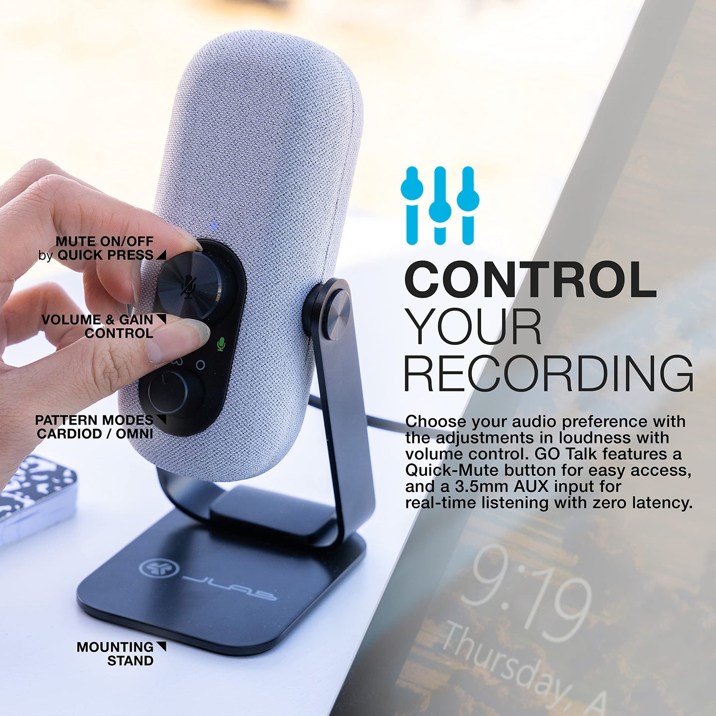 JLab Go Talk Micrófono USB | Blanco | Salida USB-C | Cardioide u omnidireccional | Frecuencia de muestreo de 96 K | Respuesta de frecuencia de 20 Hz - 20 kHz | Control de volumen y silencio rápido | AUX de 3,5 mm | Plug and Play