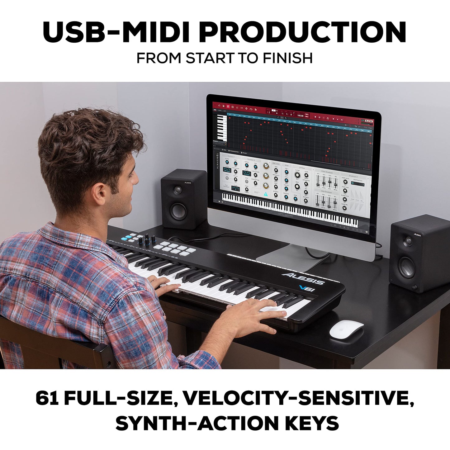 Alesis V61 MKII - Teclado Controlador MIDI USB, 61 teclas sensibles a la velocidad, 8 Pads con Full Level, Arpegiador, Rueda Pitch/Mod, Note Repeat y Suite de software