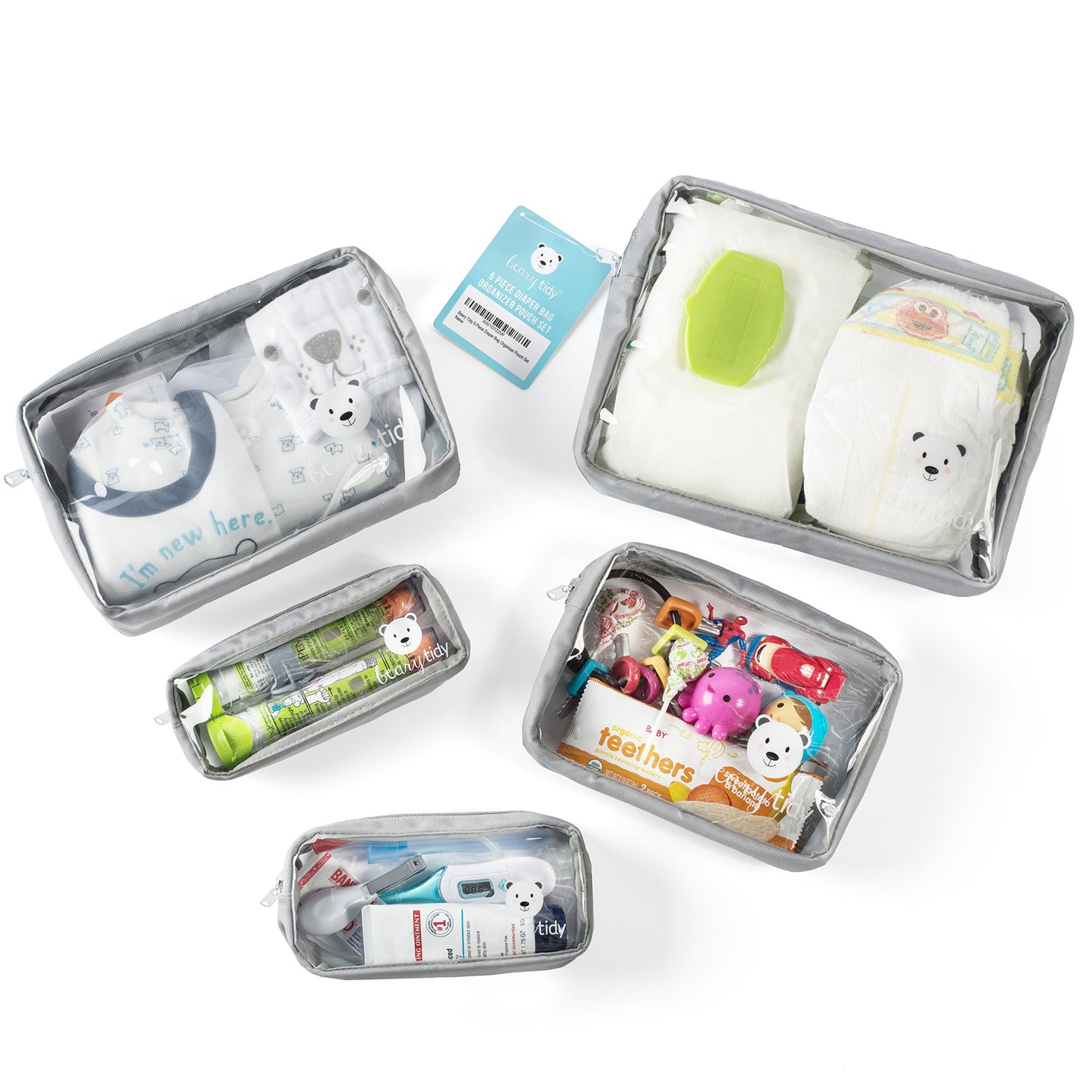 Beary Tidy Juego de 5 bolsas organizadoras para pañales, transparente con cremalleras y nestable