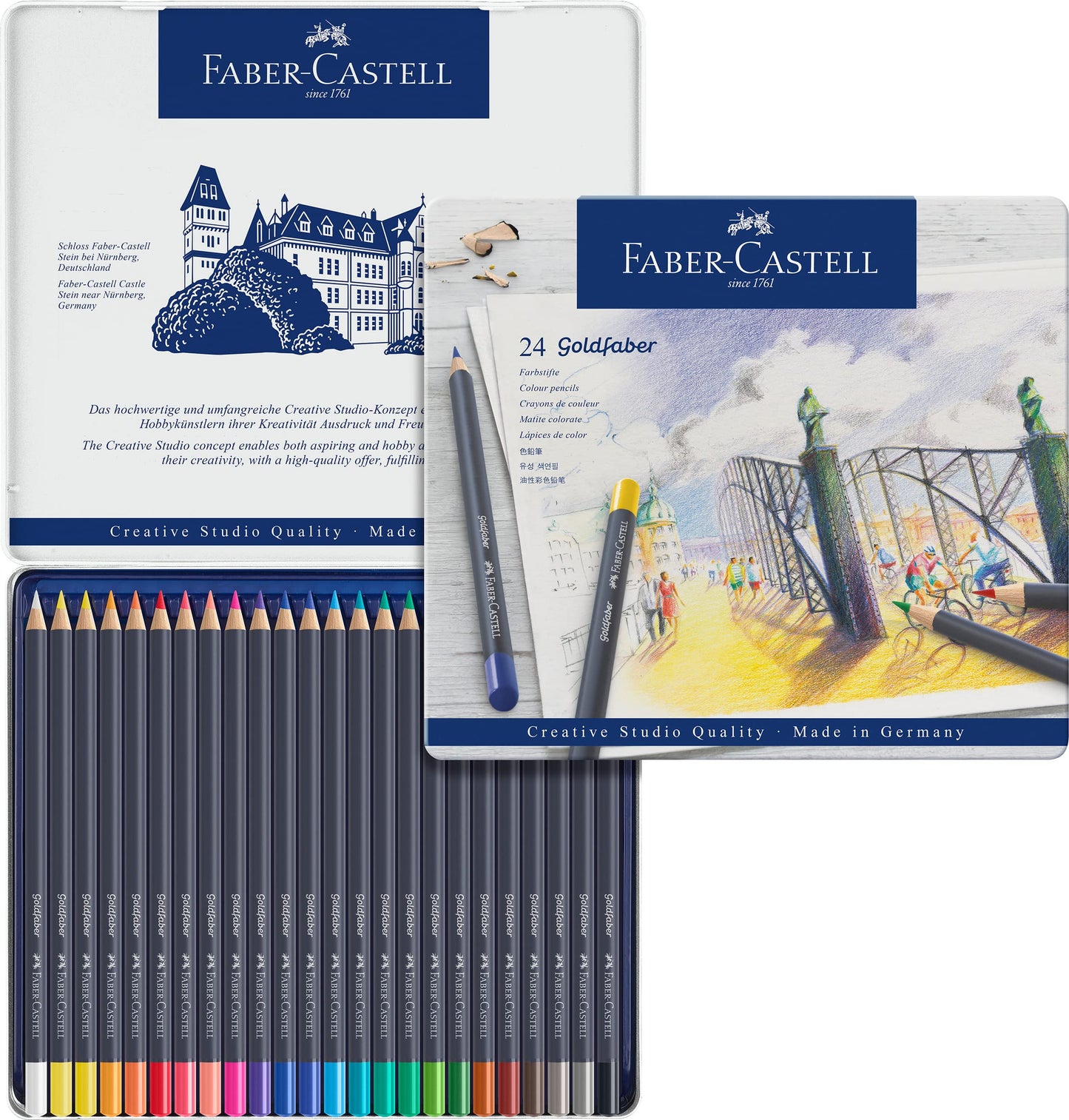 Faber-Castell Colores Goldfaber para Arte con 24 colores elaborados con excelente resistencia a la luz y a caídas, son ideales para artistas profesionales y aficionados que buscan proyectos creativos