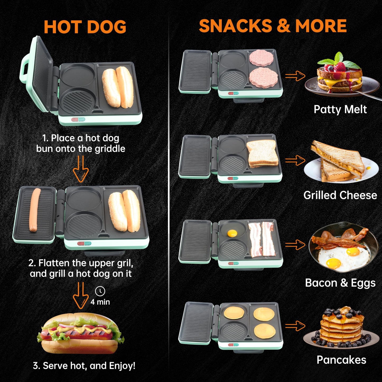 Baker's Friend - Sandwichera de desayuno, combo parrilla y parrilla eléctrica antiadherente, 3 en 1, sándwiches, hamburguesas, hot dogs, hot cakes, incluye prensa de hamburguesas, pinzas y cepillo