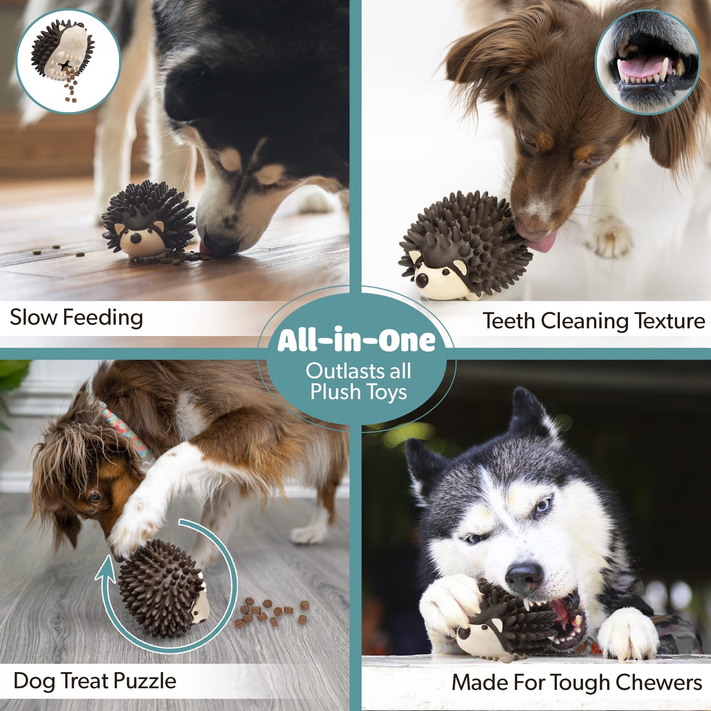 BellaBoo Pets - Juguete interactivo para perros para masticadores fuertes – Freddy The Hedgehog todo en uno + dispensador de alimentos lento rompecabezas de coeficiente intelectual para perros + juguete dental para masticar perros de raza mediana y grande