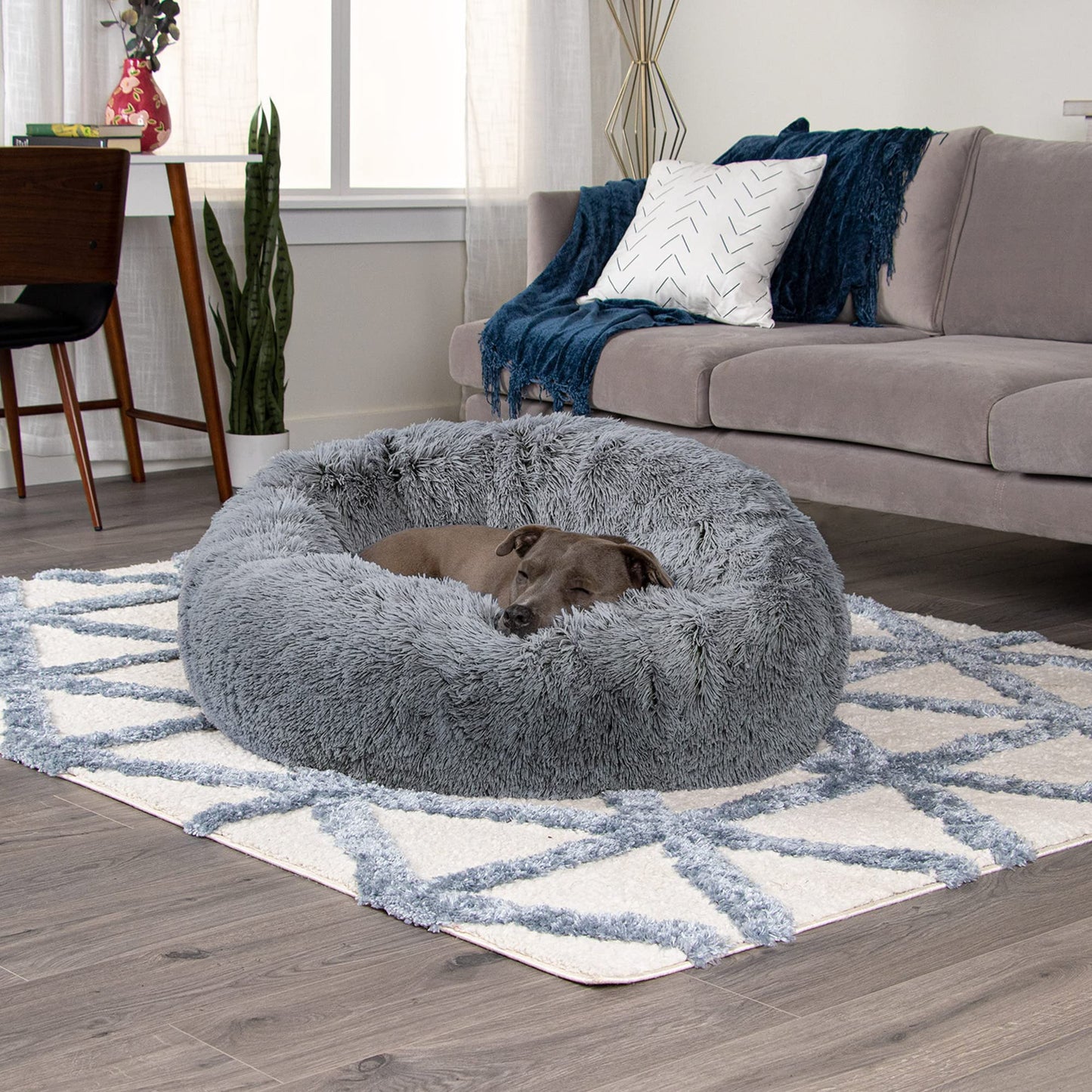 Furhaven 36" Round Large Donut Dog Bed Plush Long Faux Fur Calming Cuddler w/Removable Washable Cover - Gray, Large