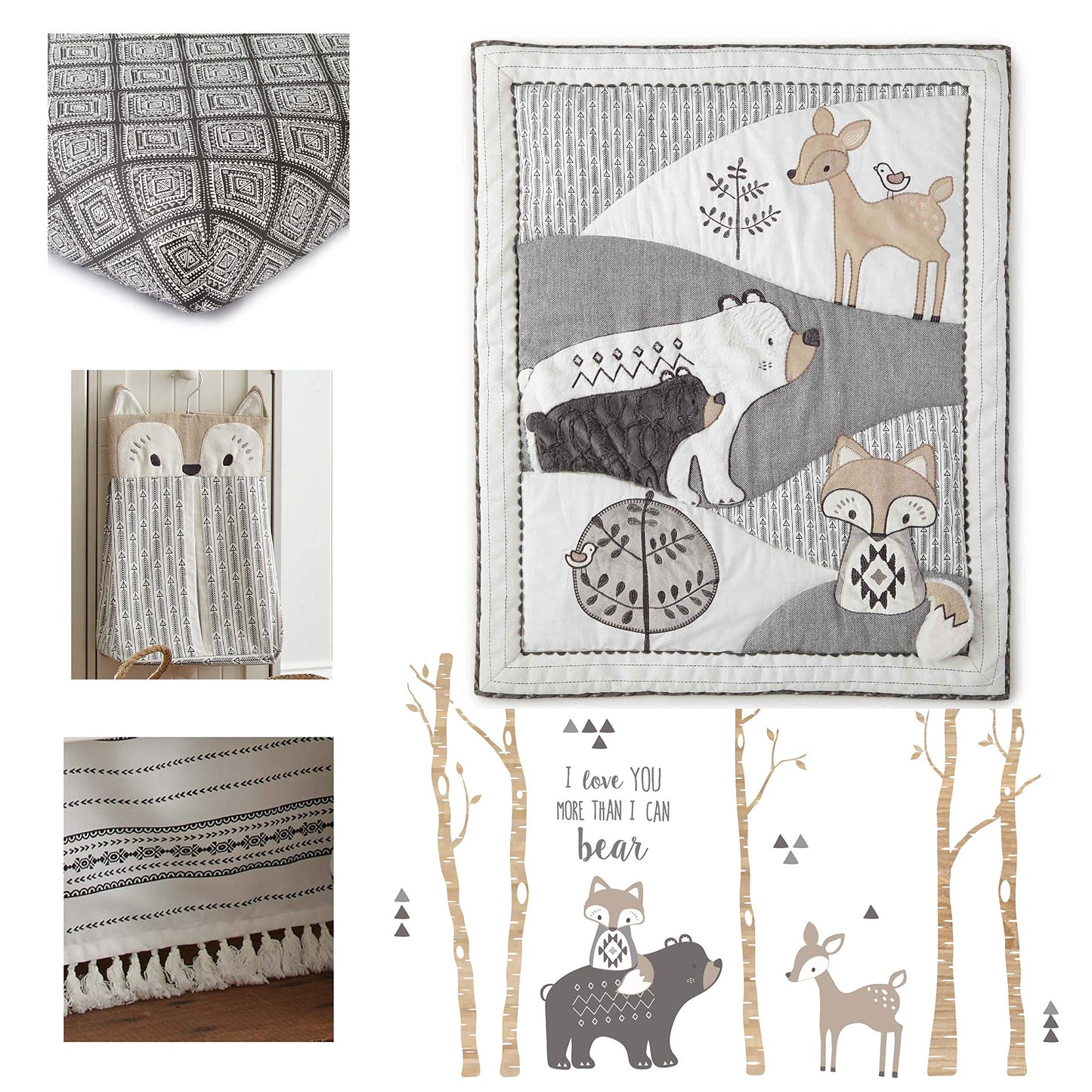 Levtex Baby - Juego de cama de cuna Bailey - Carbón, gris pardo, blanco - Tema de bosque neutro - Juego de 5 piezas incluye colcha, sábana bajera, apilador de pañales, calcomanía de pared y