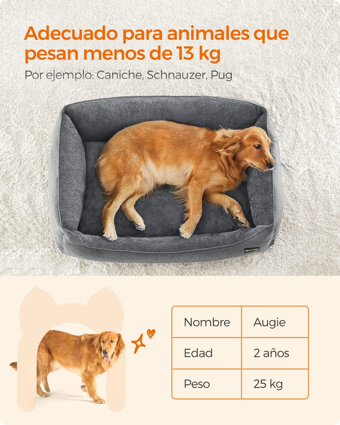 Feandrea Cama para Perros, Sofá para Mascotas, 110 x 75 x 27 cm, Bordes Elevados, XL, para Perros Grandes, Gris Claro MPGW12GG