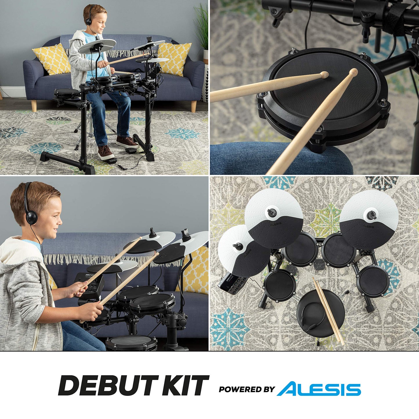Alesis Debut Kit - Bateria electrica para niños con 4 parches de malla, 120 sonidos, 100 lecciones, taburete, baquetas, llave de batería y auriculares