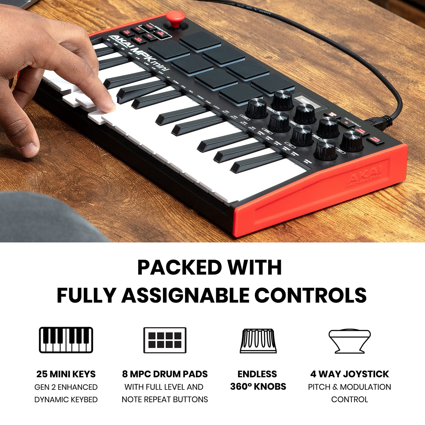 Akai Professional MPK Mini MK3 - Teclado Controlador MIDI USB de 25 Teclas con 8 Drum Pads, 8 Perillas, Software de Producción Musical y Native Instruments Sound Package (NKS Integration)
