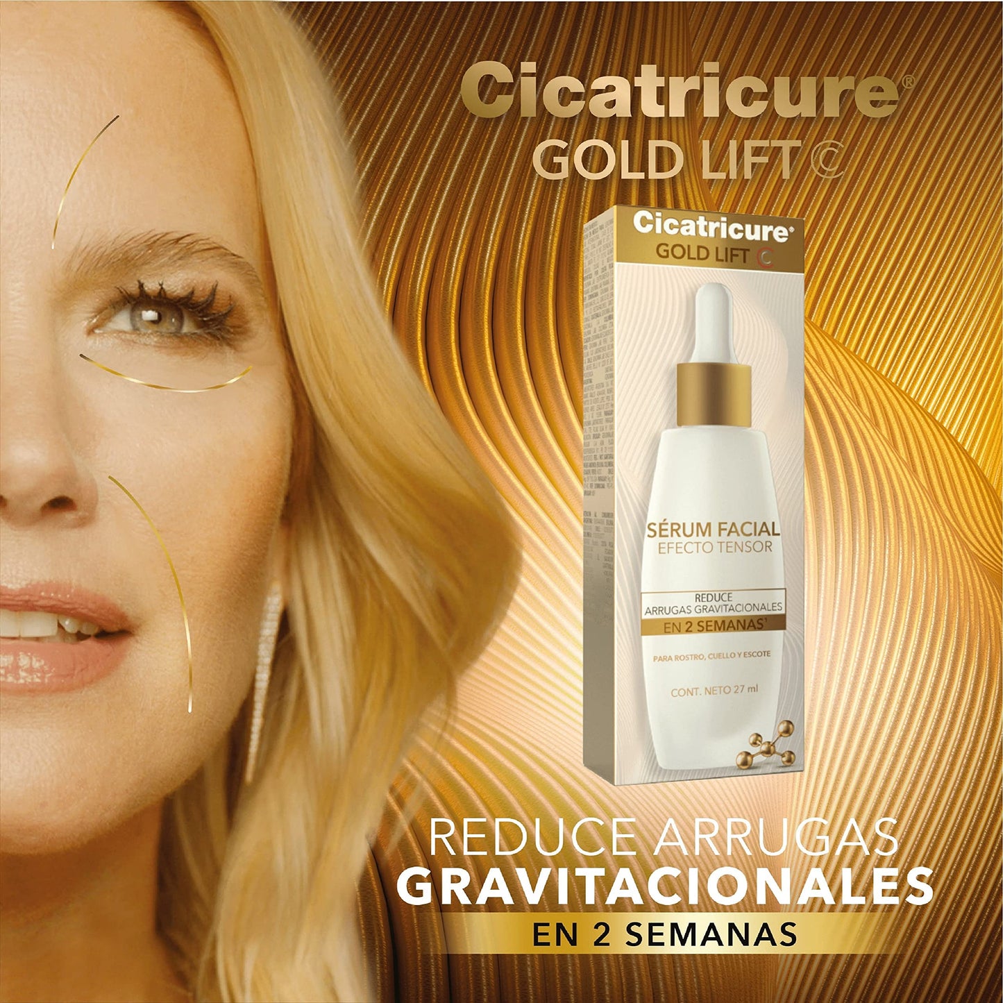Cicatricure GOLD LIFT Serum Facial, con EFECTO TENSOR para rostro, cuello y escote + CREMA OJOS, Arrugas y Bolsas
