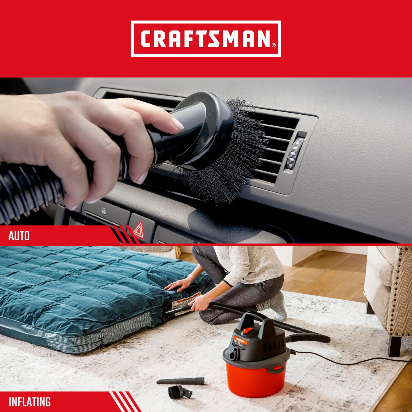 CRAFTSMAN CMXZVBE38688 1-1/4" Kit de Accesorios de 3 Piezas para aspiradora de Grado Industrial para inflar, Quitar el Polvo y Limpiar Detalles, se Adapta a 1-1/4 Pulgadas Diámetro de la Manguera