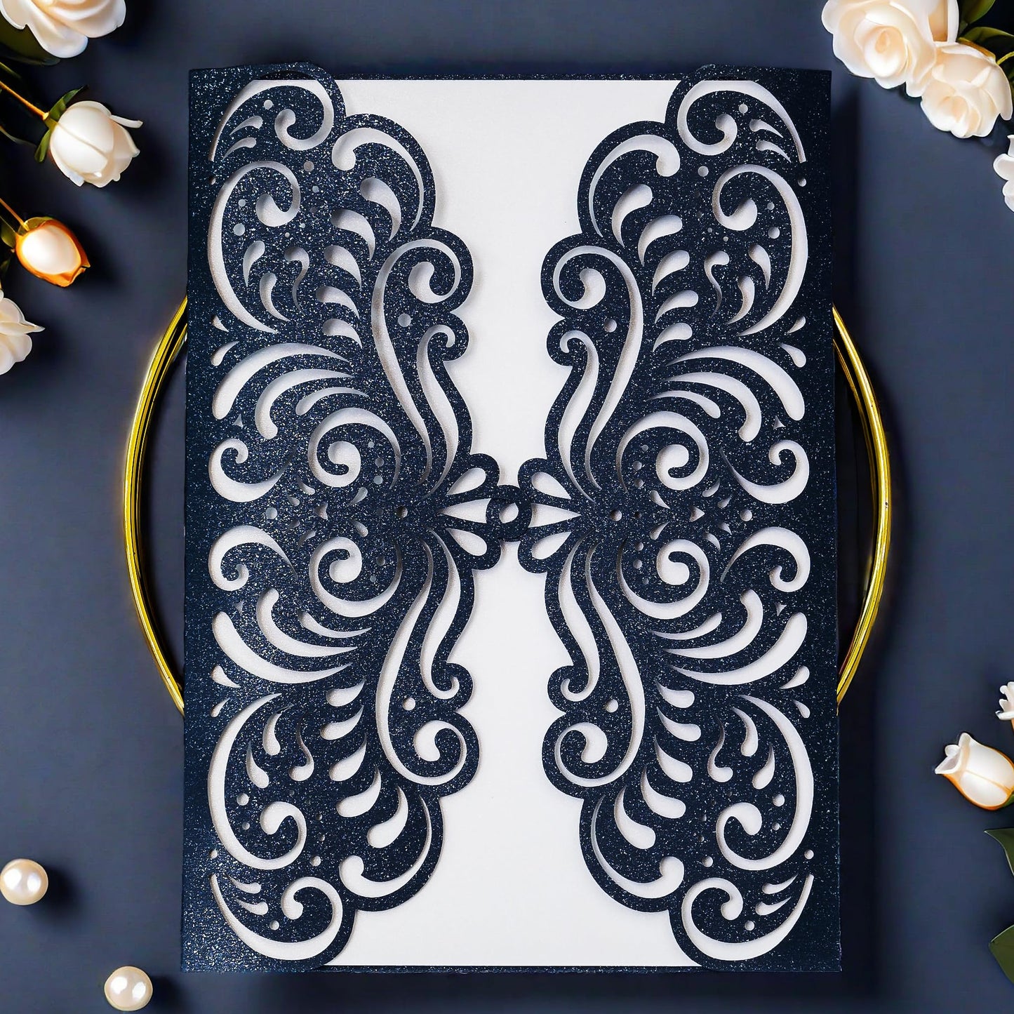 YHOTA - 20 unidades de bolsillo para tarjetas de invitación de boda cortadas con láser con sobre para fiestas de cumpleaños, bebés o novias, para invitaciones de despedida de 5 x 7 pulgadas (azul