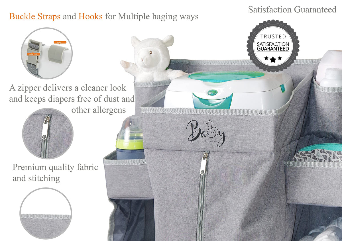 Premium Nursery Organiser and Baby Nappy Caddy Hanging Nappy Organiser for Baby Essentials Hang on Crib, Changing Table, Playard or Furniture Portable Storage for Wipes (Grey)