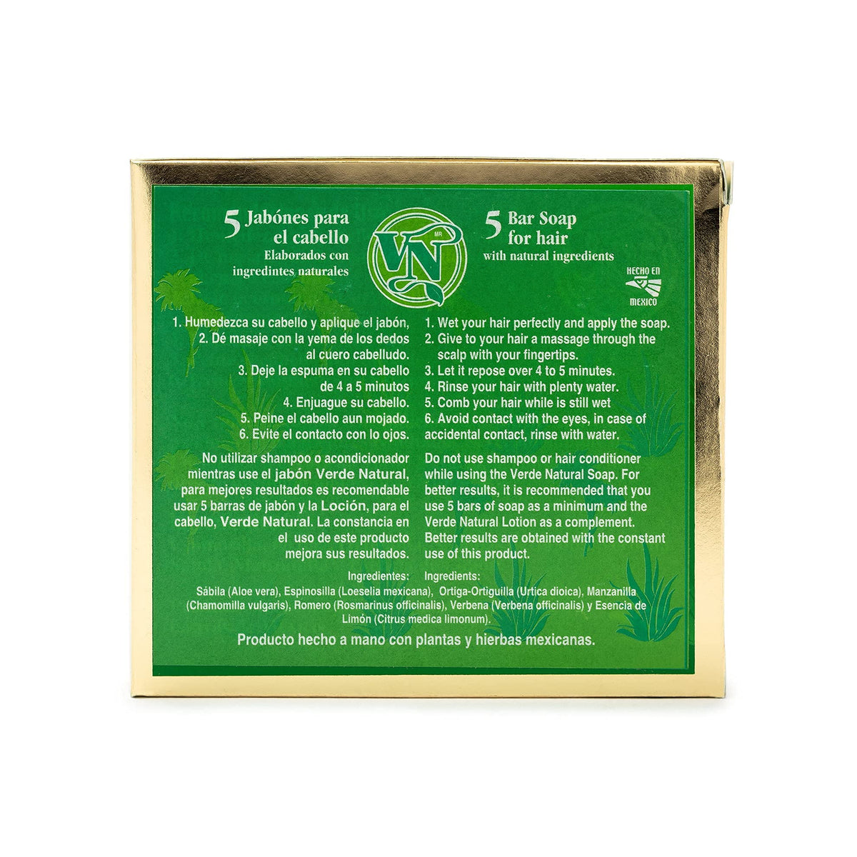 VERDE NATURAL - Jabón para el Cabello - Detiene la perdida de Cabello - Paquete de 5 jabones - Elaborado de forma artesanal