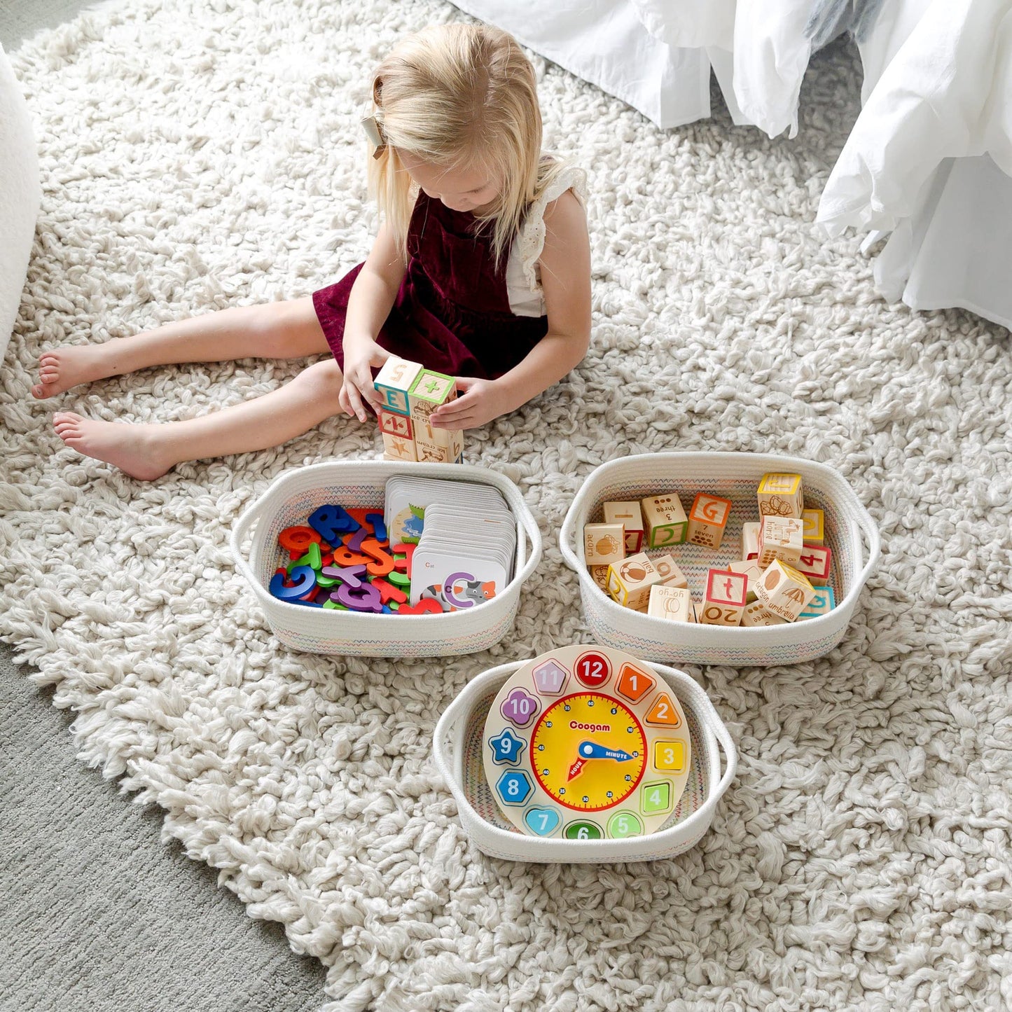 NaturalCozy - Juego de cestas de almacenamiento rectangulares de 5 piezas, canastas tejidas de cuerda de algodón natural para organizar Cesta pequeña para Montessori, guardería de bebé, cestas de juguete para perros, caja de juguetes para gatos, contenedo