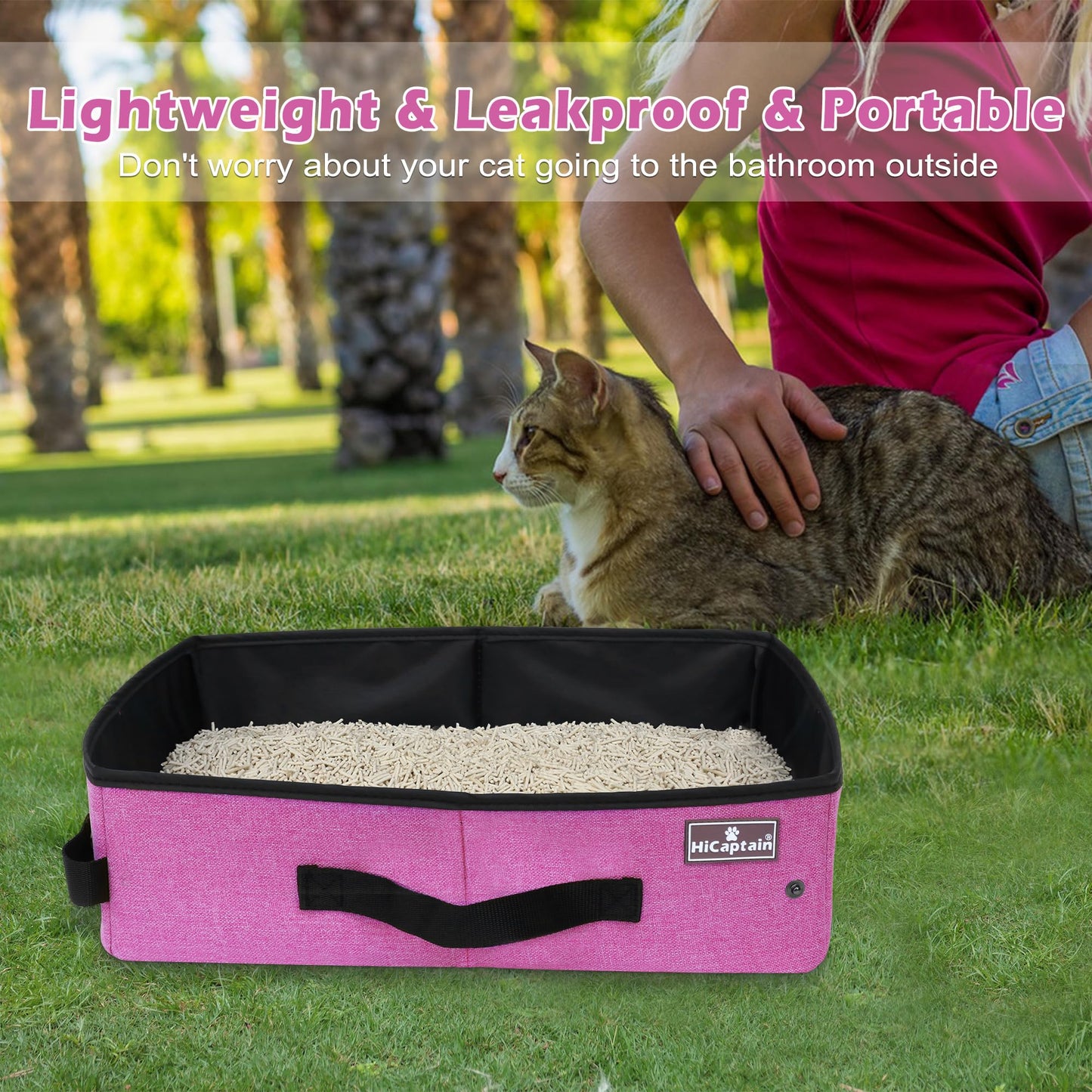 HiCaptain - Caja de arena portátil de viaje para gatos, caja de arena plegable a prueba de fugas para viajar en coche, bandeja plegable para gatos medianos, resistente, ligero y rosa