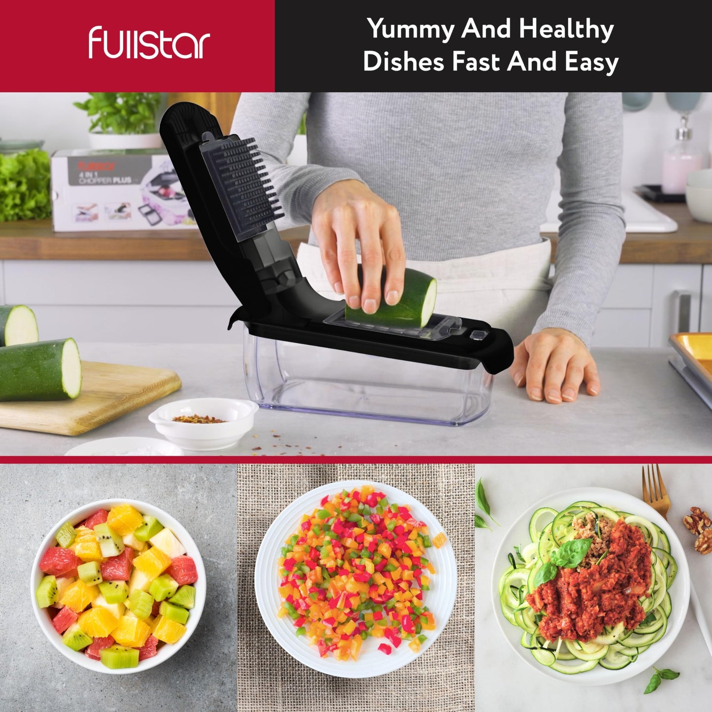 Fullstar - Picador de verduras y espiralizador - Picador de alimentos con contenedor, rebanador de frutas, utensilios de cocina y accesorios, esenciales para el hogar (2 en 1, negro)