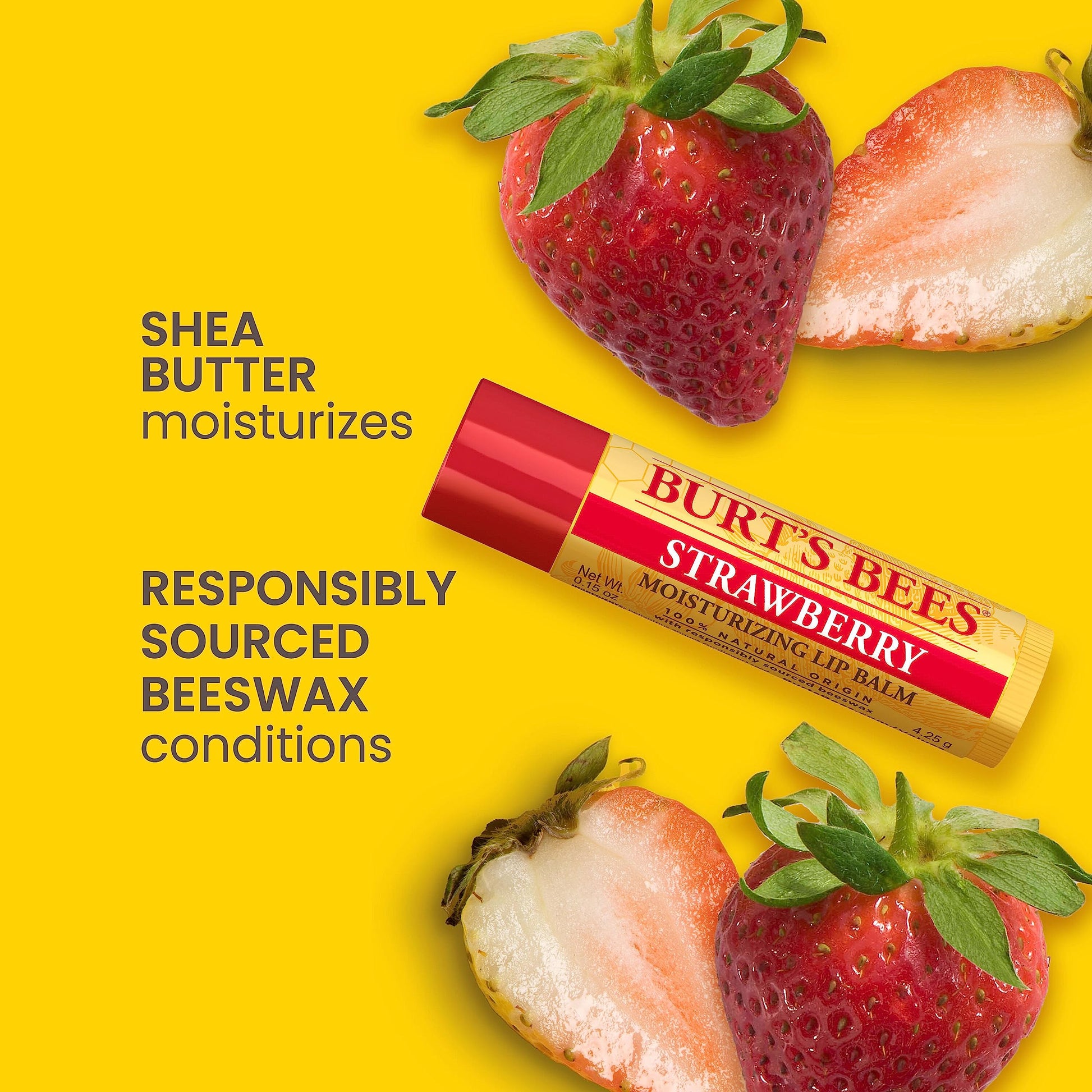 Burt's Bees 100% Natural Moisturizing Lip Balm, Strawberry with Beeswax & Fruit Extracts - 2 Tubes
