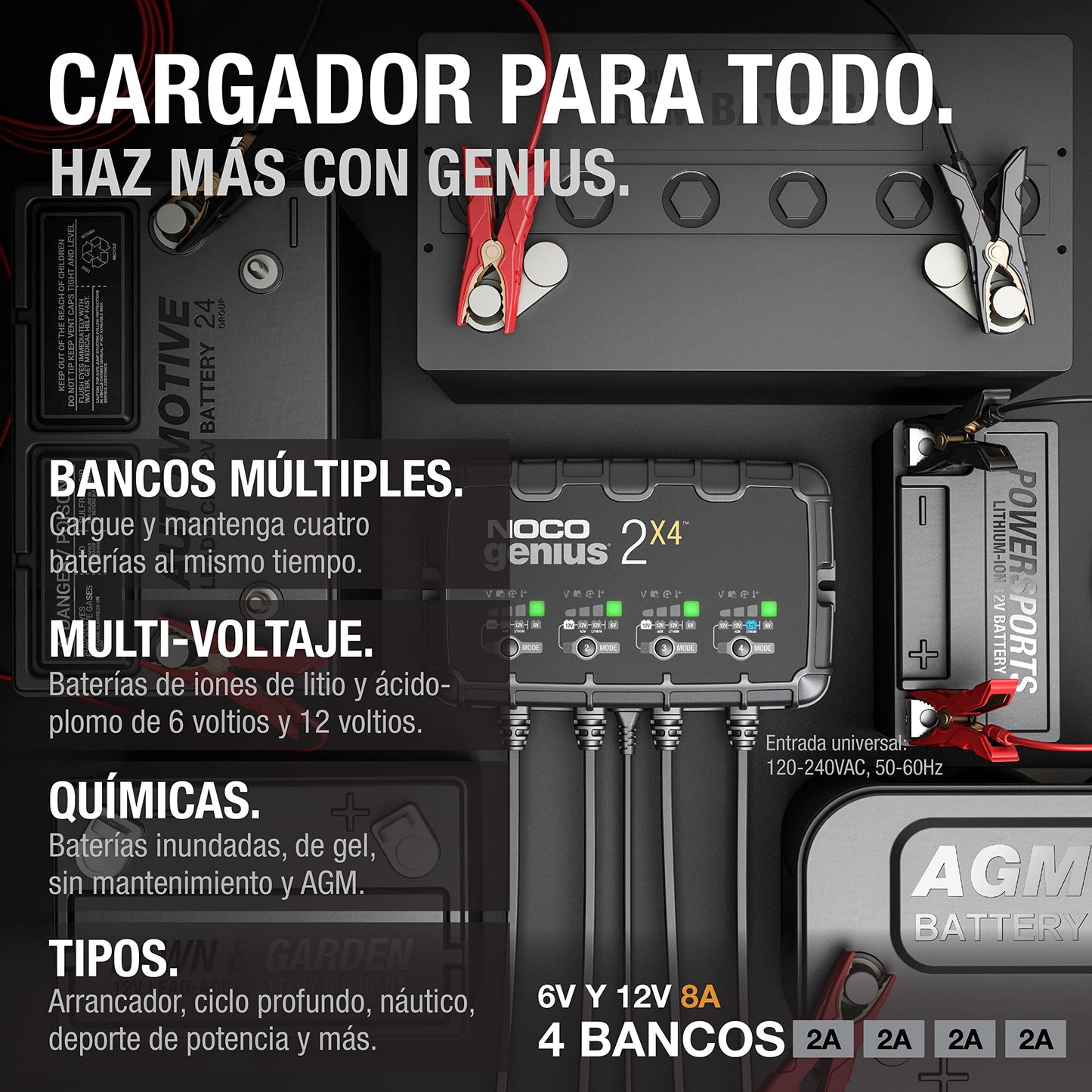 NOCO GENIUS2X4: Cargador Inteligente 6V/12V 8A de 4 Bancos (2A por Banco) – Mantenedor automático, Cargador Lento y desulfatador con protección contra sobrecarga – para baterías de Plomo y Litio