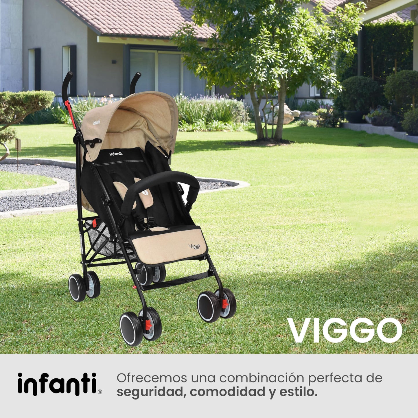 INFANTI | Carriola para Bebe VIGGO - Beige | Carriola de Viaje - Carrito para Bebe | Cosas para Bebes 6 Meses hasta 20 kg - Compacta y Plegable | Carriola con Toldo extensible y Arnés de Seguridad