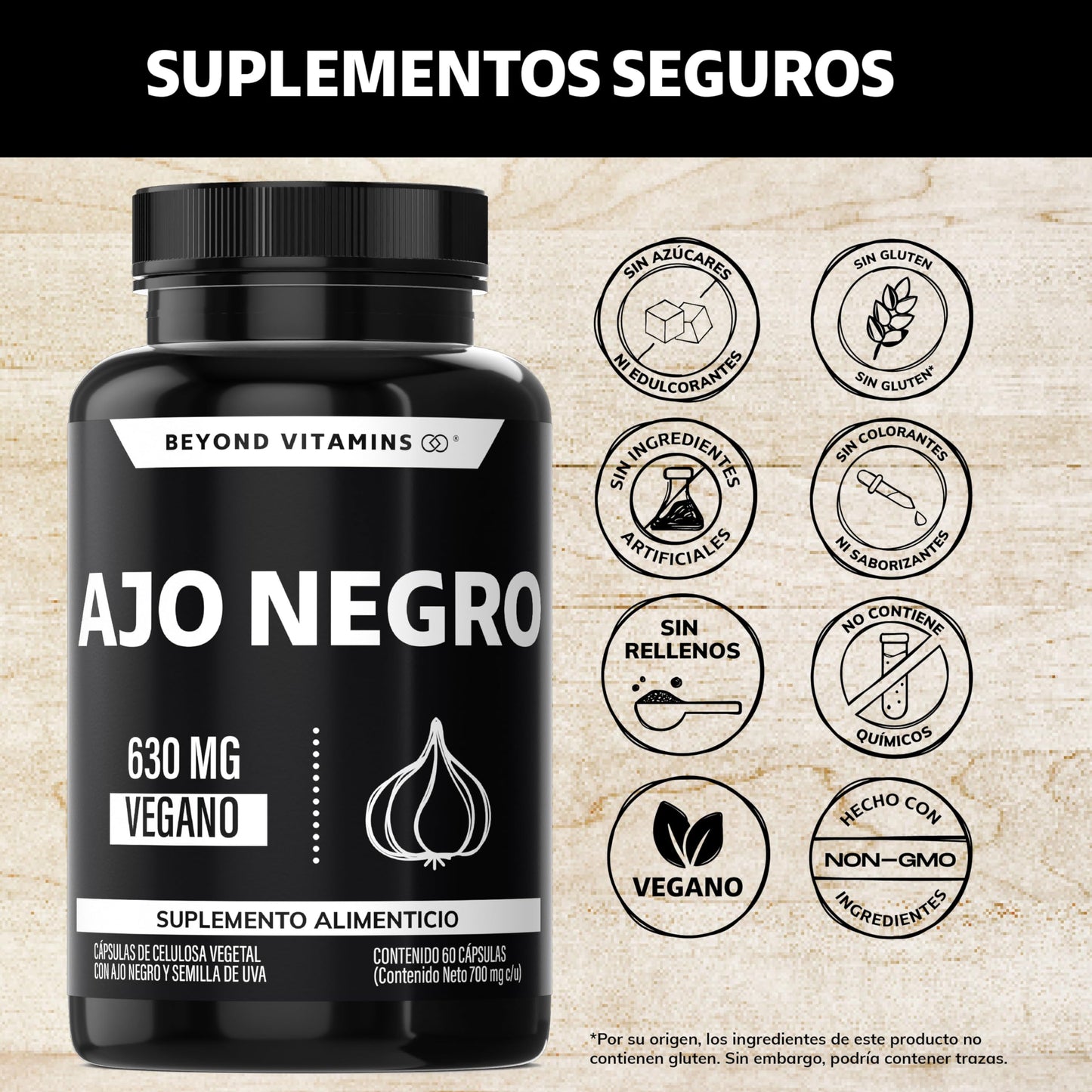 Beyond Vitamins | Ajo Negro 630mg, Cápsulas Veganas, Sin Conservantes, Sin Sabor. (60 Cápsulas)