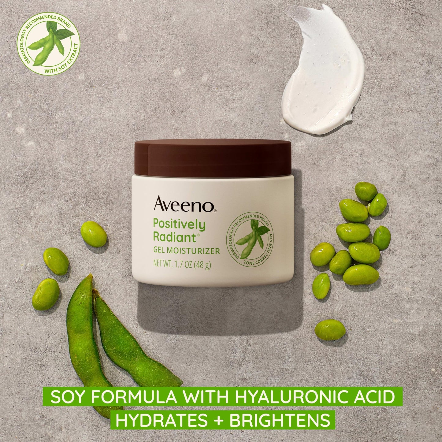 Gel Hidratante Facial Diario Aveeno Positively Radiant con Ácido Hialurónico y Soya, Hidratante y Aclarante para Unificar Tono y Textura, Hipoalergénico