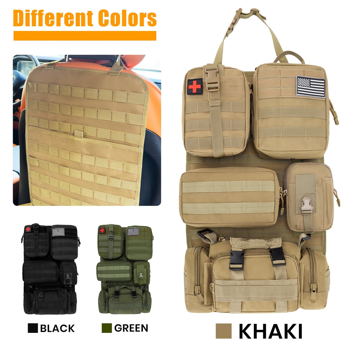 Paquete de 6 Organizadores Tácticos MOLLE para Respaldo de Asiento de Auto - Bolsa de Almacenamiento Universal para Vehículo con 5 Bolsillos MOLLE Desmontables, Parche de Bandera de EE.UU., Compatible