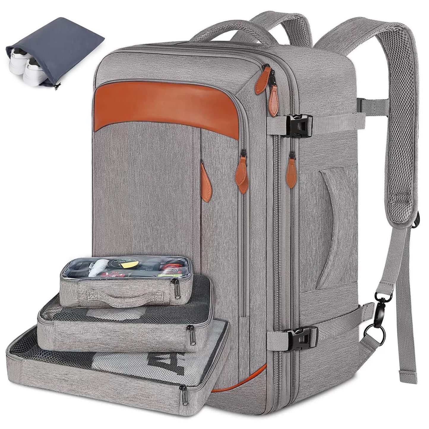 Juego de mochila de viaje de 5 piezas, mochila de equipaje certificada por vuelo extra grande 40 L, maleta expandible con 4 bolsas de almacenamiento, mochila de negocios impermeable, unisex (Gris)
