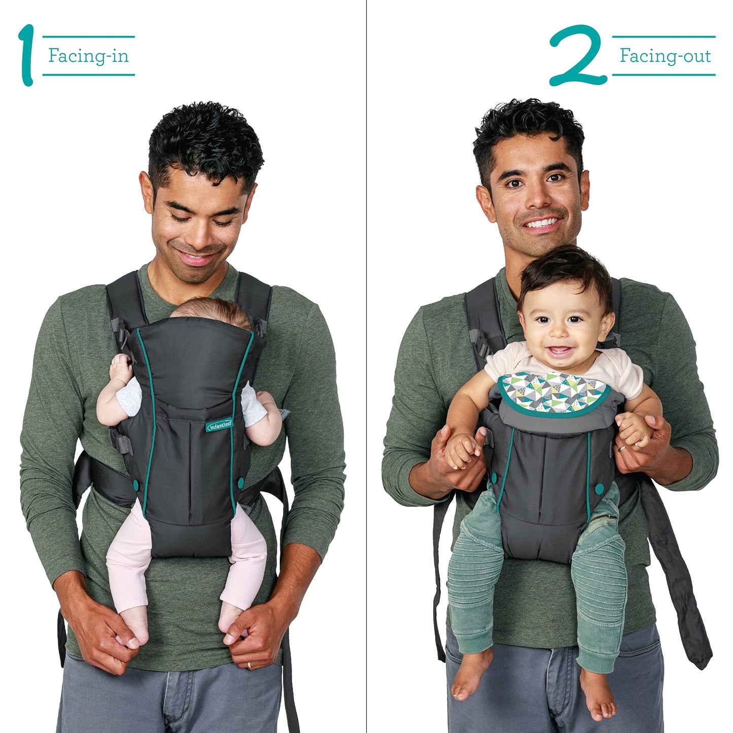 Infantino Swift - Portabebés clásico con bolsillo, 2 maneras de llevar gris con babero Wonder y bolsillo frontal de almacenamiento esencial, correa trasera ajustable, cara interior y exterior, material fácil de limpiar