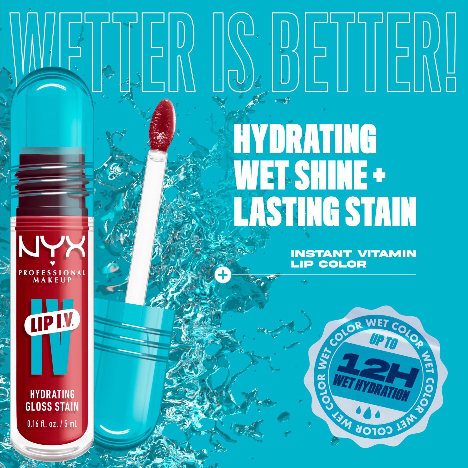 NYX Professional Makeup, LIP IV Gloss Serum Hidratante, Tono: Berry Thirsty. Tinta de Labios hidratante con alto pigmento infusionado con agua de coco y magnesio. Fórmula vegana.