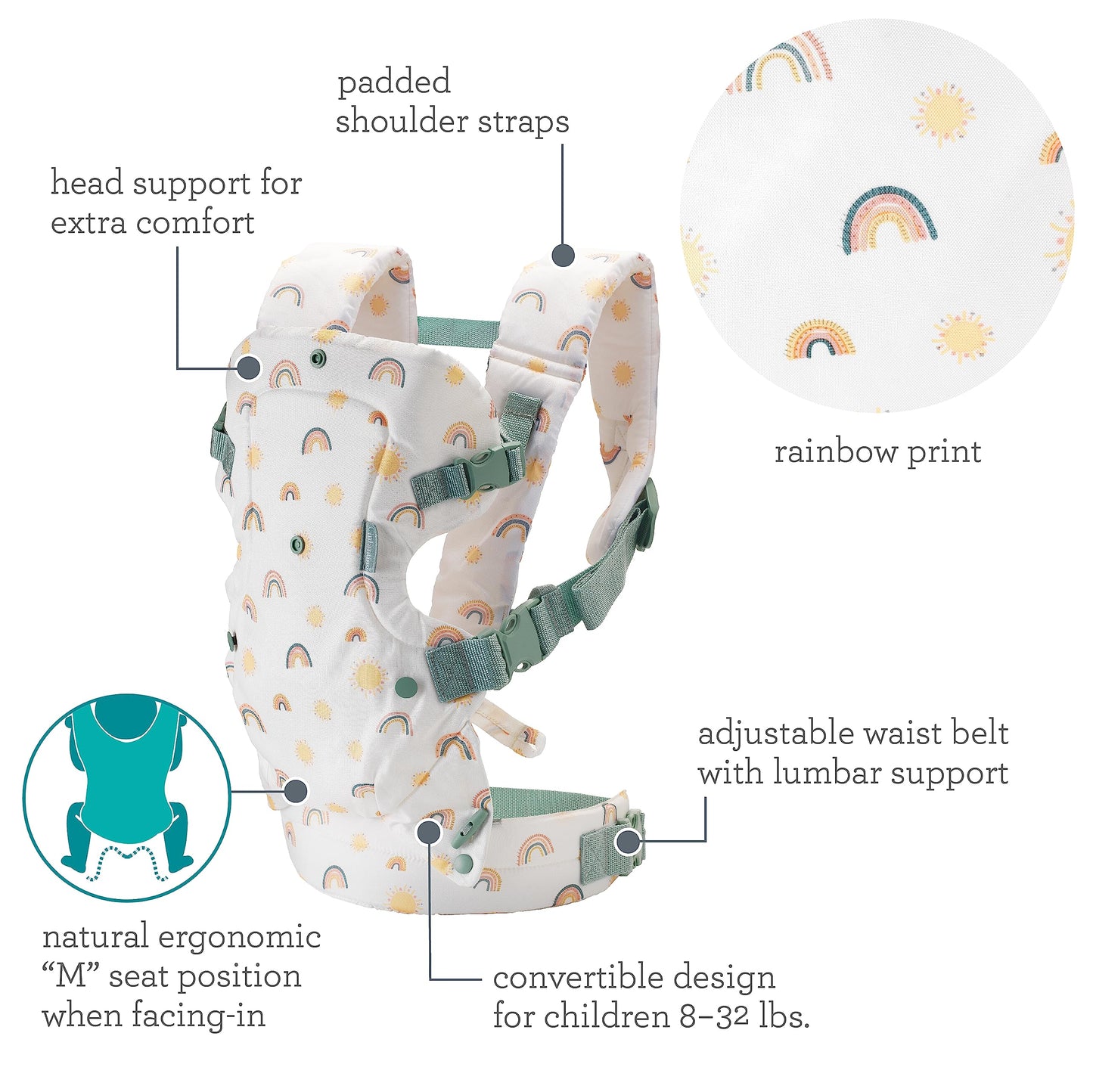 Infantino Flip Advanced Portabebés 4 en 1 - Ergonómico, Convertible, frontal y frontal hacia fuera Portabebés delantero y trasero para recién nacidos a niños pequeños 8-35 libras, arco iris