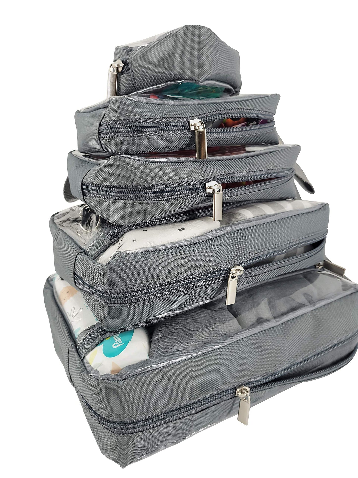 Llama Bella - Juego de 5 bolsas organizadoras para pañales, transparente con correas y estuche para chupete