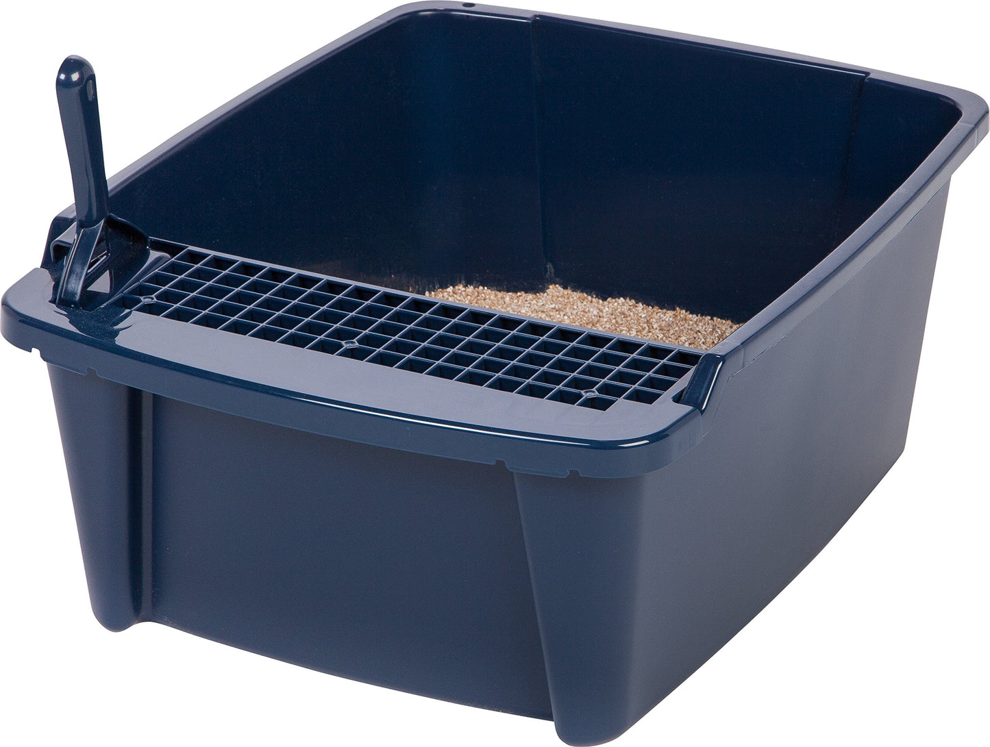 IRIS USA Caja de Arena para Gatos Grande con Cubierta Frontal con Abertura y Paleta, Bandeja de Arena para Gatos con Capucha y Puerta de Entrada para Privacidad, Marino