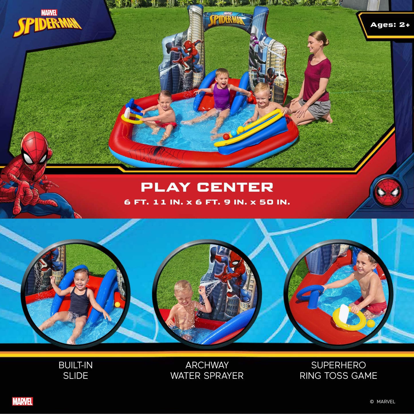 Bestway: Centro Inflable de Juego acuático Spider-Man, 6 pies 11 x 6 pies 9 x 50 Pulgadas, rociador de Arco Deslizante para Piscina, 6 Bolas, Anillo de superhéroe Marvel Toss, niño pequeño 2+
