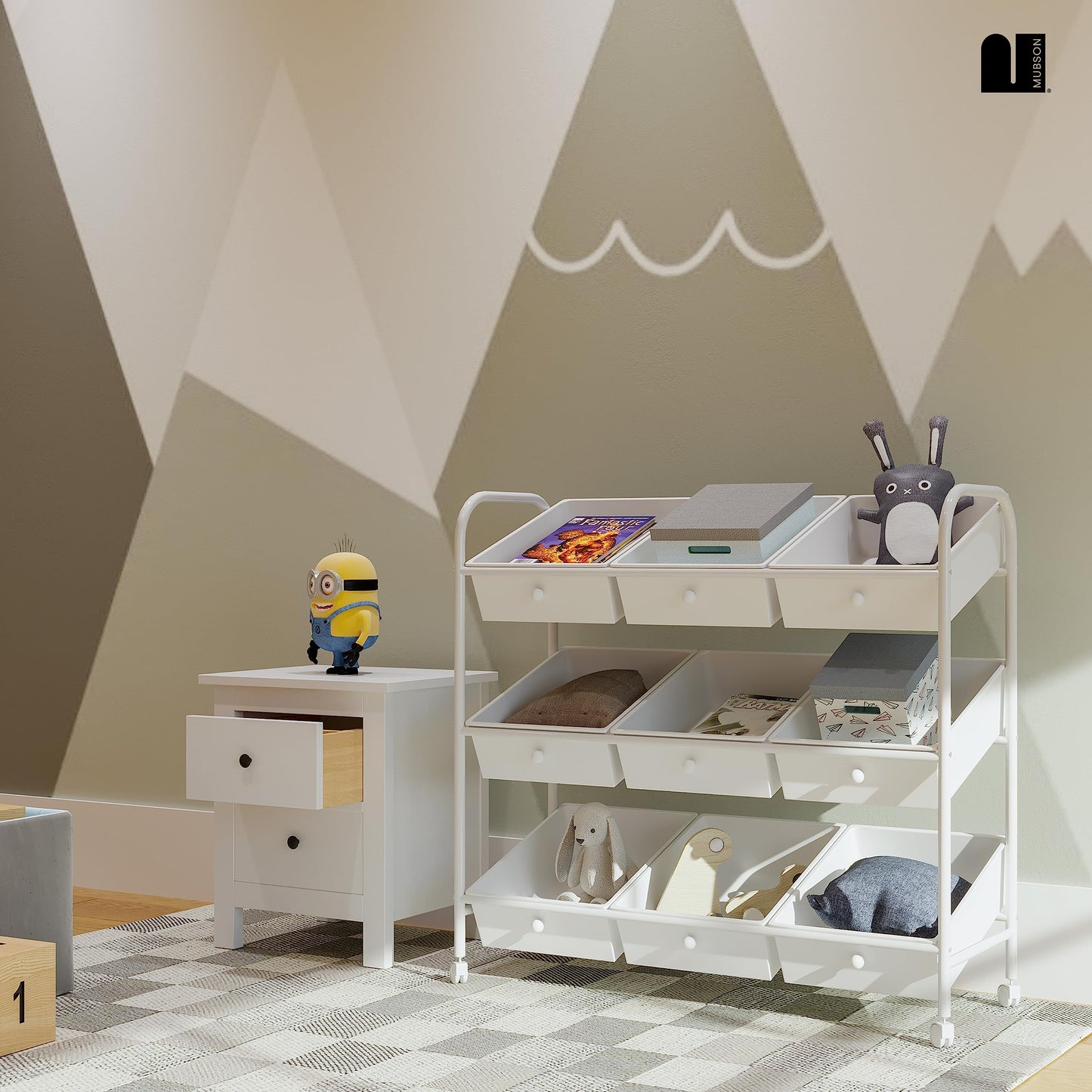 MUBSON Juguetero Organizador Infantil con 9 cajones y Ruedas de Desplazamiento. Organizador Infantil Nove. Baul para Juguetes para el Cuarto de niños. Toy Storage (Blanco)