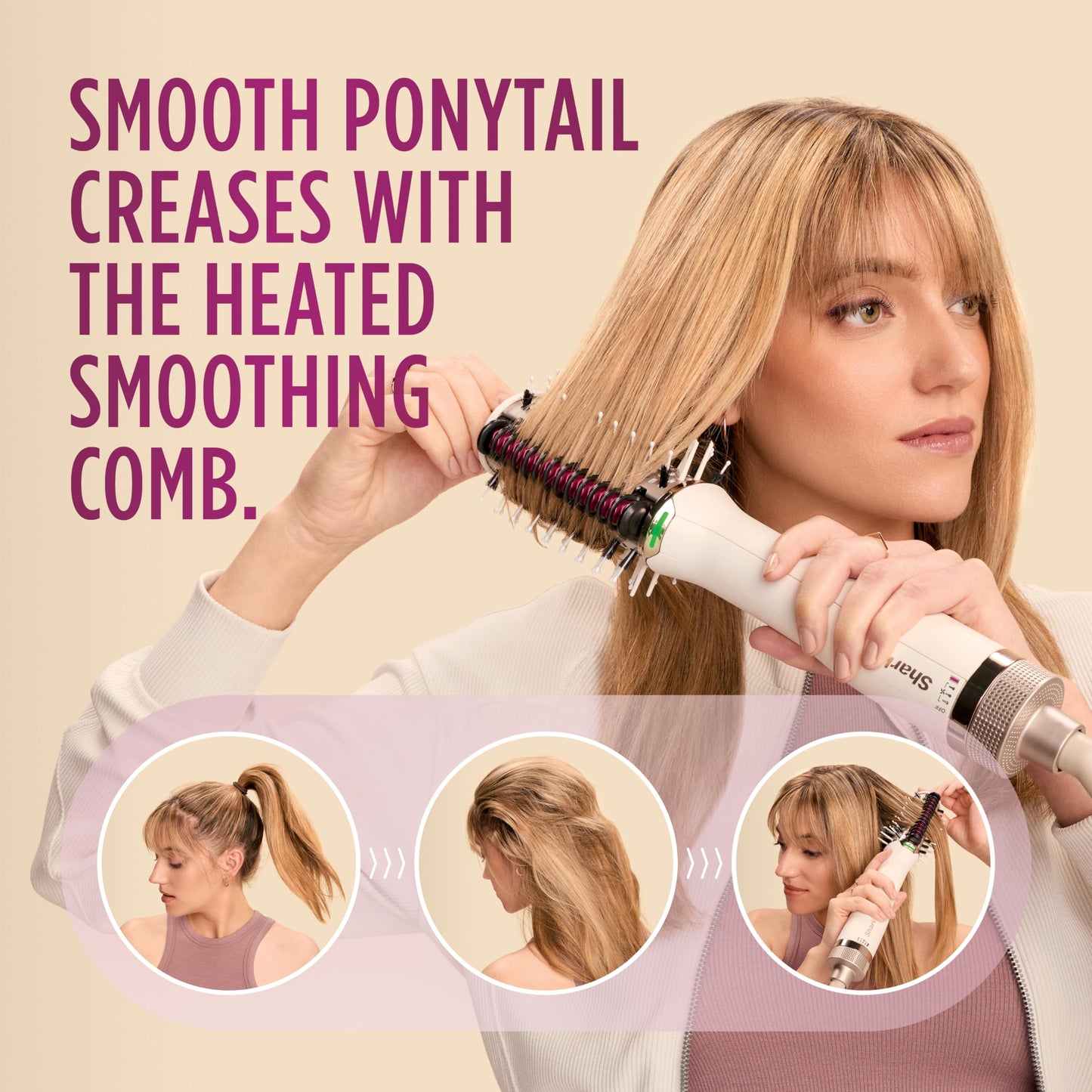 SHARK, Cepillo Secador SmoothStyle, Peine Térmico, Ideal para Todo Tipo de Cabello, Alisa y Da Volumen, 3 Ajustes de Temperatura, Color Seda, HT202