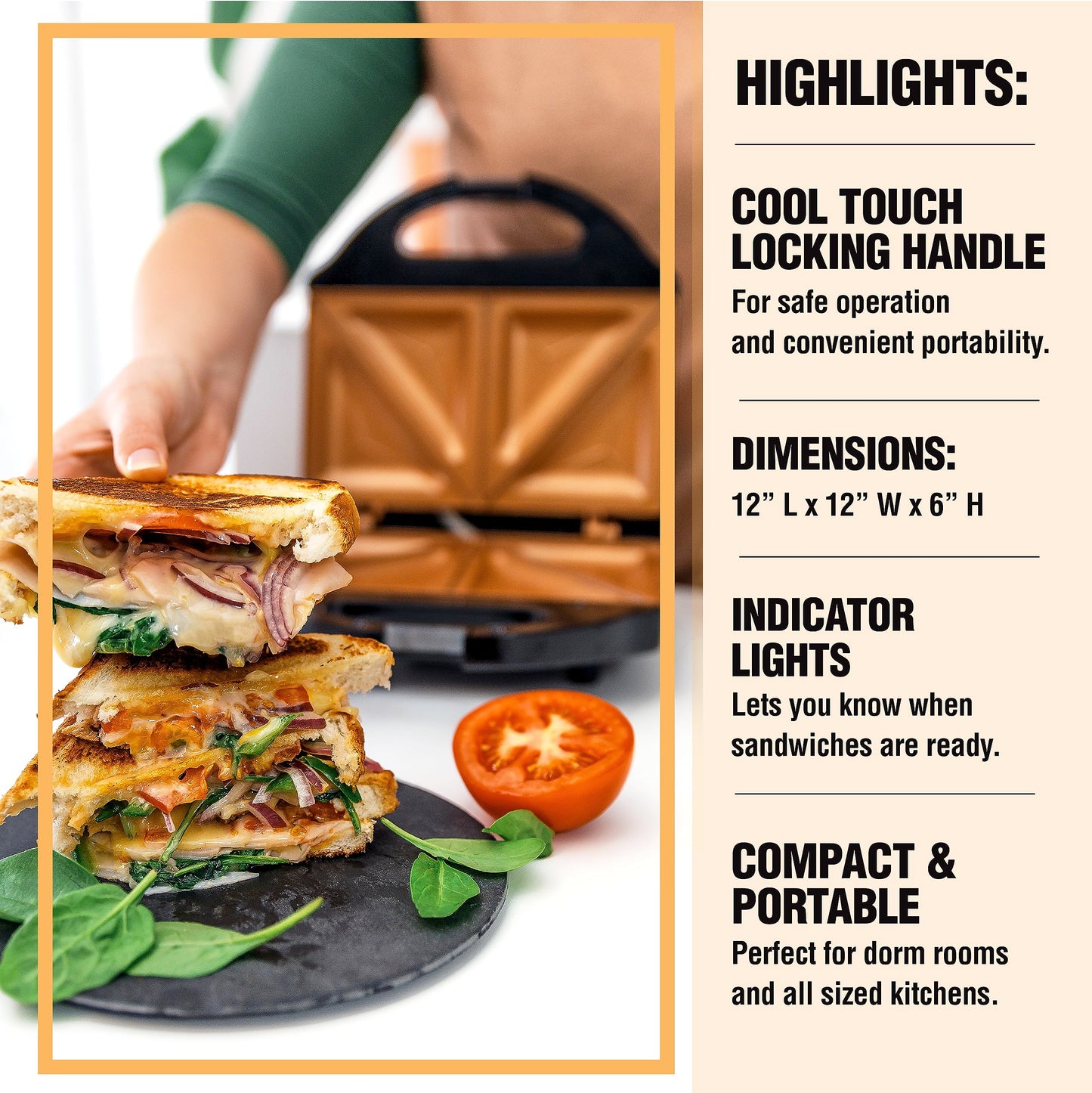 Gotham Steel Sandwich Maker, Toaster and Electric Panini Grill with Ultra Nonstick Copper Surface - Makes 2 Sandwiches in Minutes with Virtually No Clean Up, with Easy Cut Edges and Indicator Lights