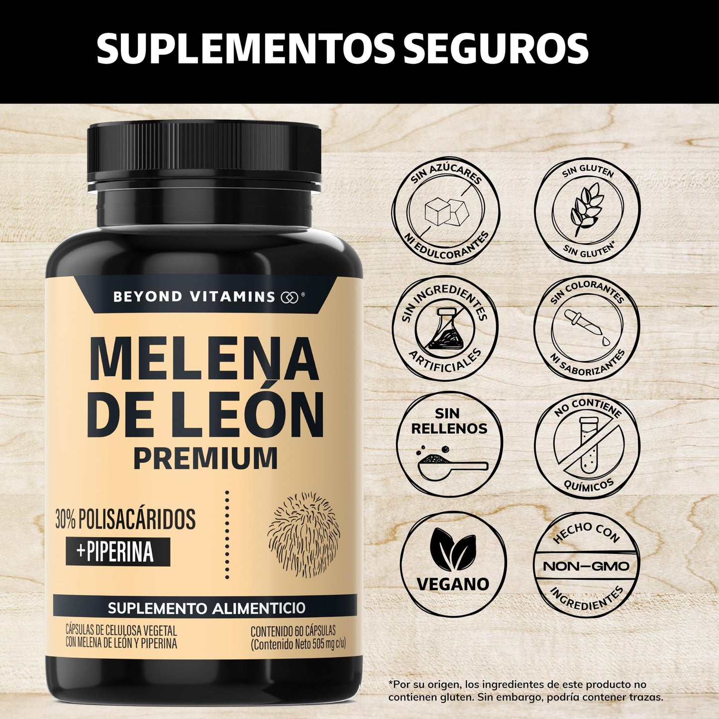 Beyond Vitamins | Hongo Melena de León | Extacto proveniente del Micelio con 30% de Polisacáridos + Piperina al 95% para máxima biodisponibilidad | Sin metales pesados | Vegano | 60 cápsulas