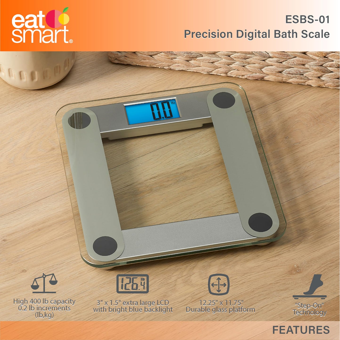 Báscula de Baño Digital EatSmart Pantalla Grande Iluminada con Tecnología Step-On