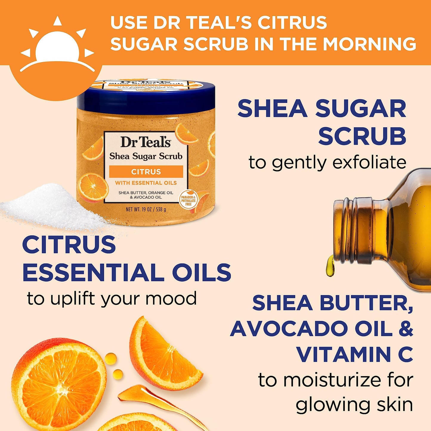 Dr Teal's Shea Sugar Body Scrub, Daytime/Nighttime with Vitamin C and Sleep Blend, 19 oz (Pack of 2) (Packaging May Vary)