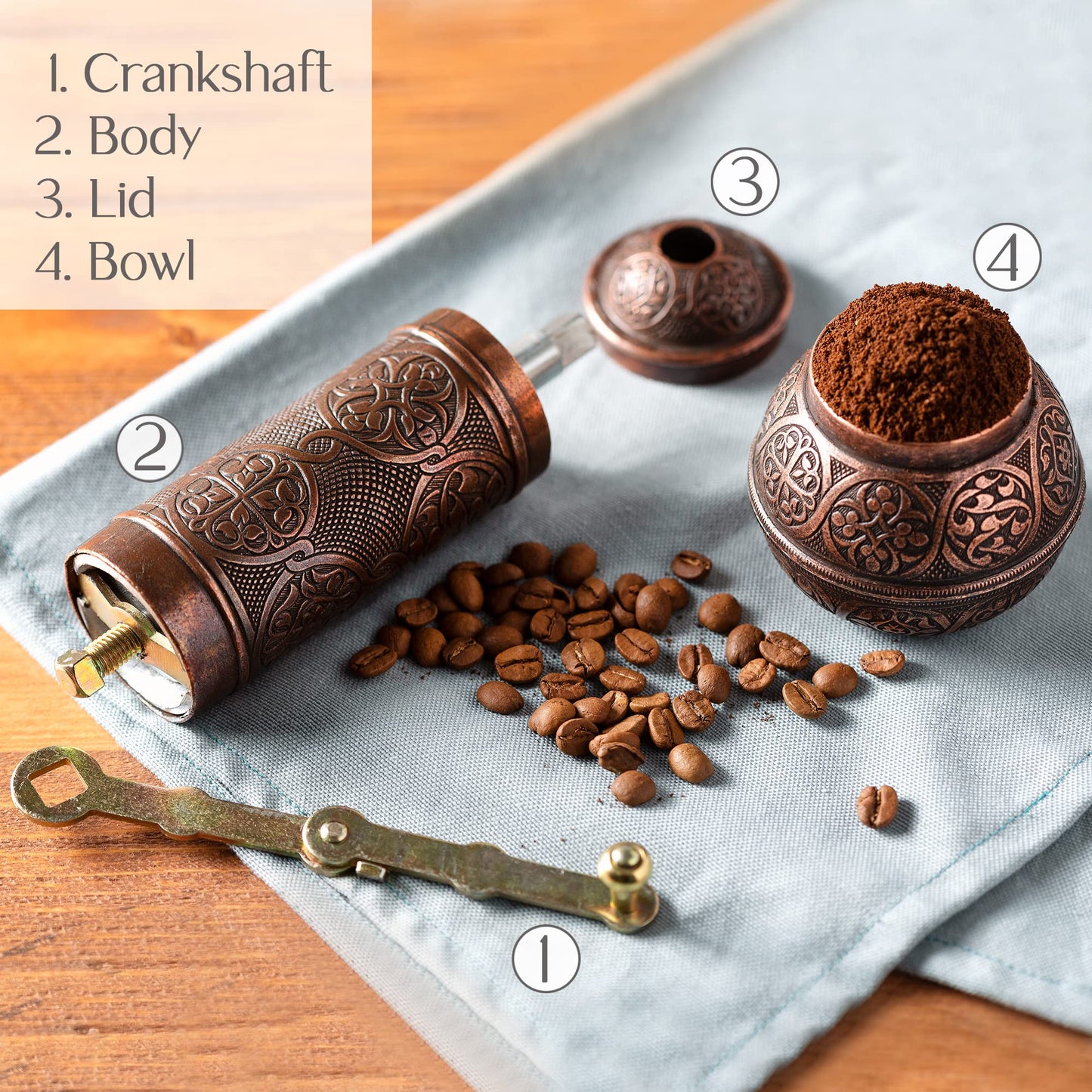 Crystalia - Molinillo de café recargable, auténtico molino manual con molinillo ajustable, molino de café antiguo con manivela, grosor ajustable