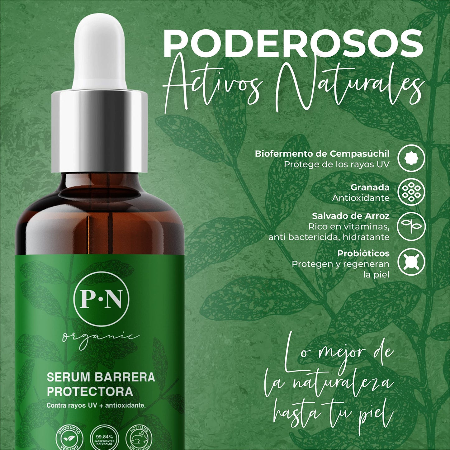 Serum facial PROTECCIÓN Organic | Suero facial con ingredientes 100% naturales, orgánico y vegano con Flor de Cempasuchil, Salvado de arroz, Probióticos, Granada para la piel. Protege contra rayos UV y la contaminación 50ml