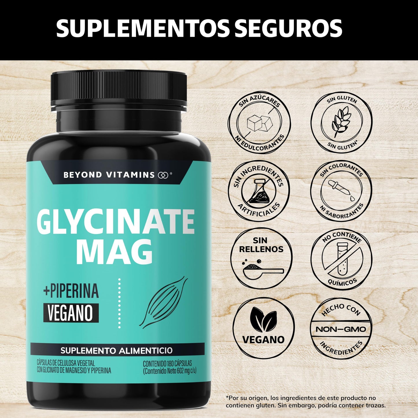 Glicinato de Magnesio Quelado | 20-100% mayor aporte de Magnesio por porción | Fortalecido con Piperina al 95% para mejor biodisponibilidad | 2400mg Glycinate Magnesium Beyond Vitamins | Suplemento Alimenticio Vegano - Ingredientes NON GMO (180 Cápsulas)