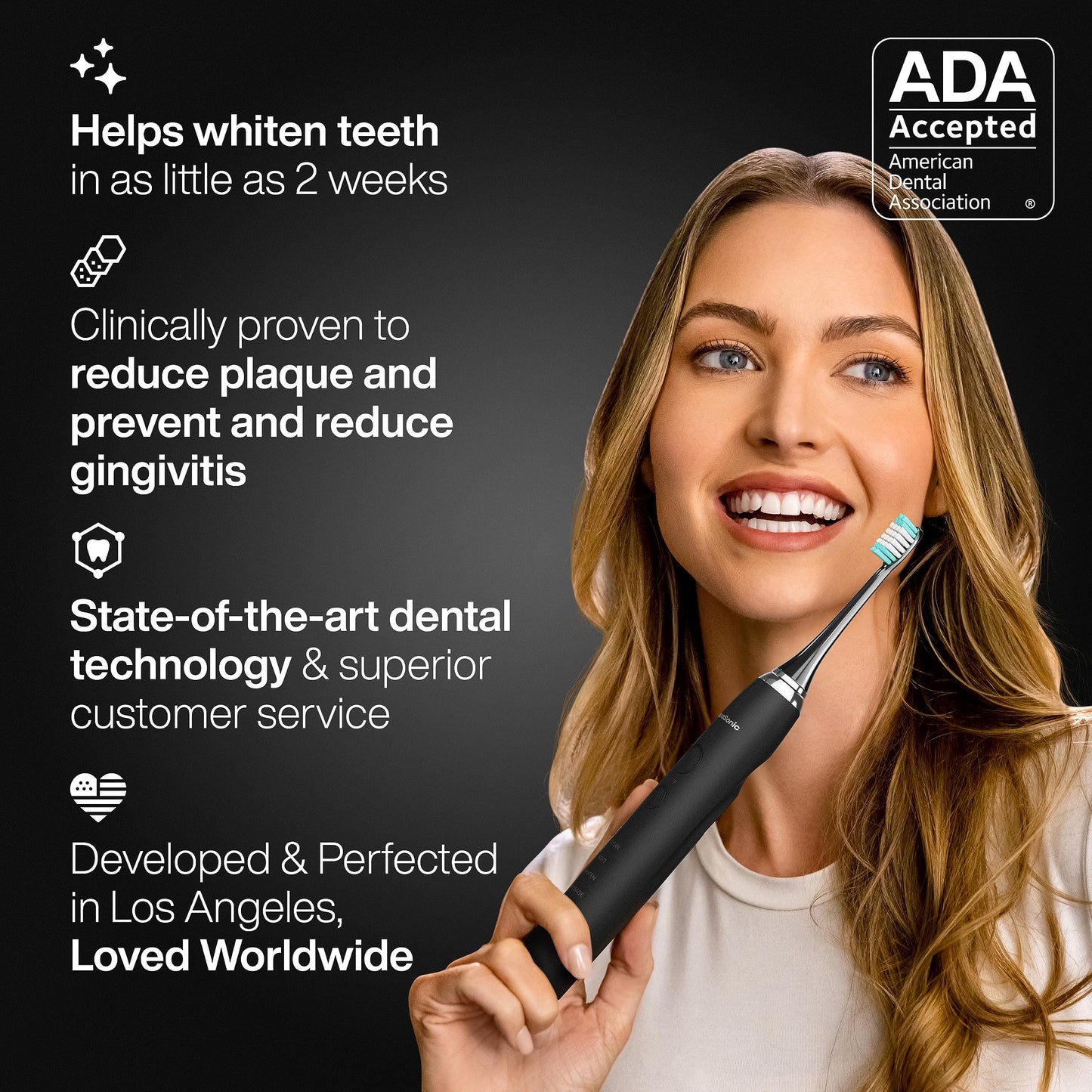 AquaSonic Black Series Cepillo de dientes Ultra Blanqueador - Cepillo de dientes Recargable Aceptado ADA - 8 cabezales de cepillo y estuche de viaje - Motor Ultra Sonic y carga inalámbrica - 4 modos w Temporizador inteligente - Sonic Electric