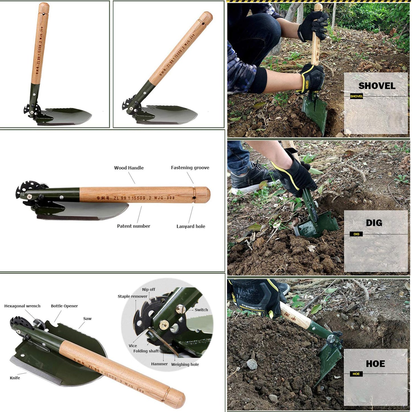 WJQ-308 Pala Militar China Plegable portátil Pala de Camping 18 en 1 con Estuche Impermeable Original Kit de Bolsa