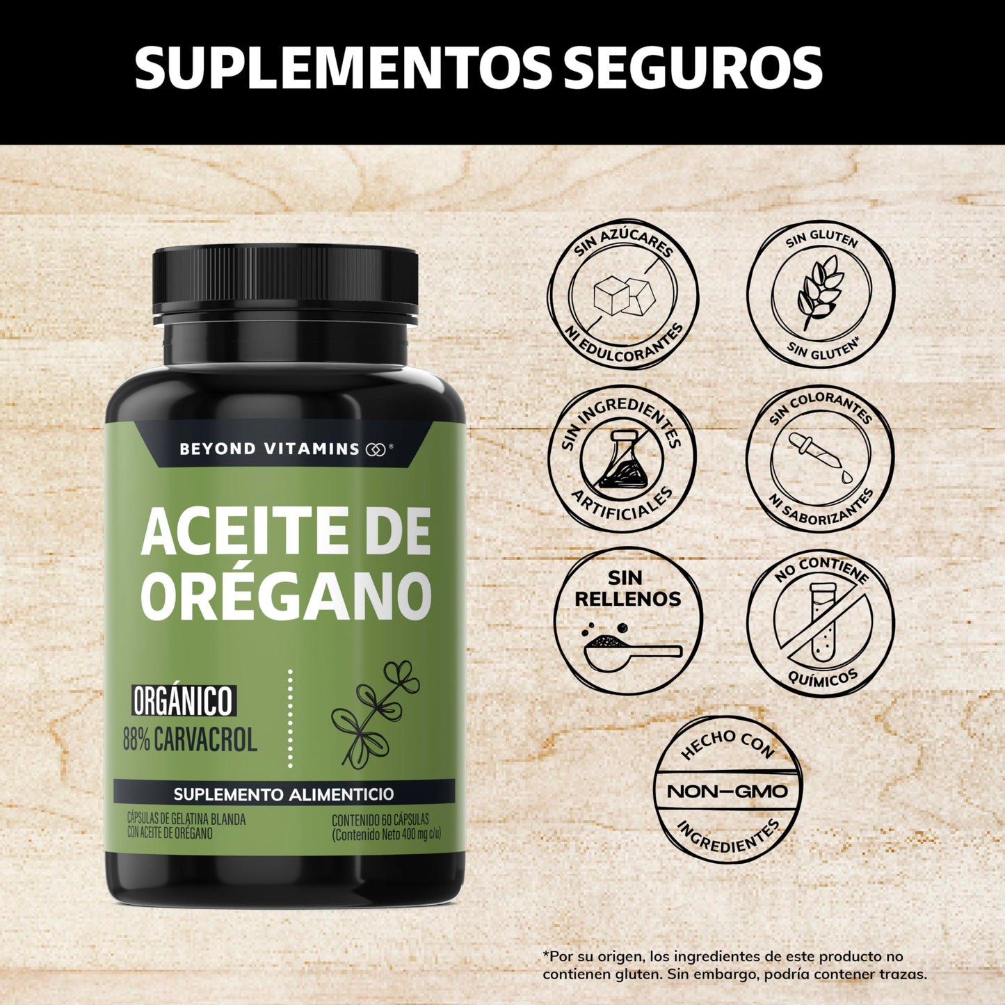Beyond Vitamins | Aceite de Oregano Orgánico 100% Natural con 88% Carvacrol Candida | Oil of Oregano Grado Alimenticio (60 Caps)