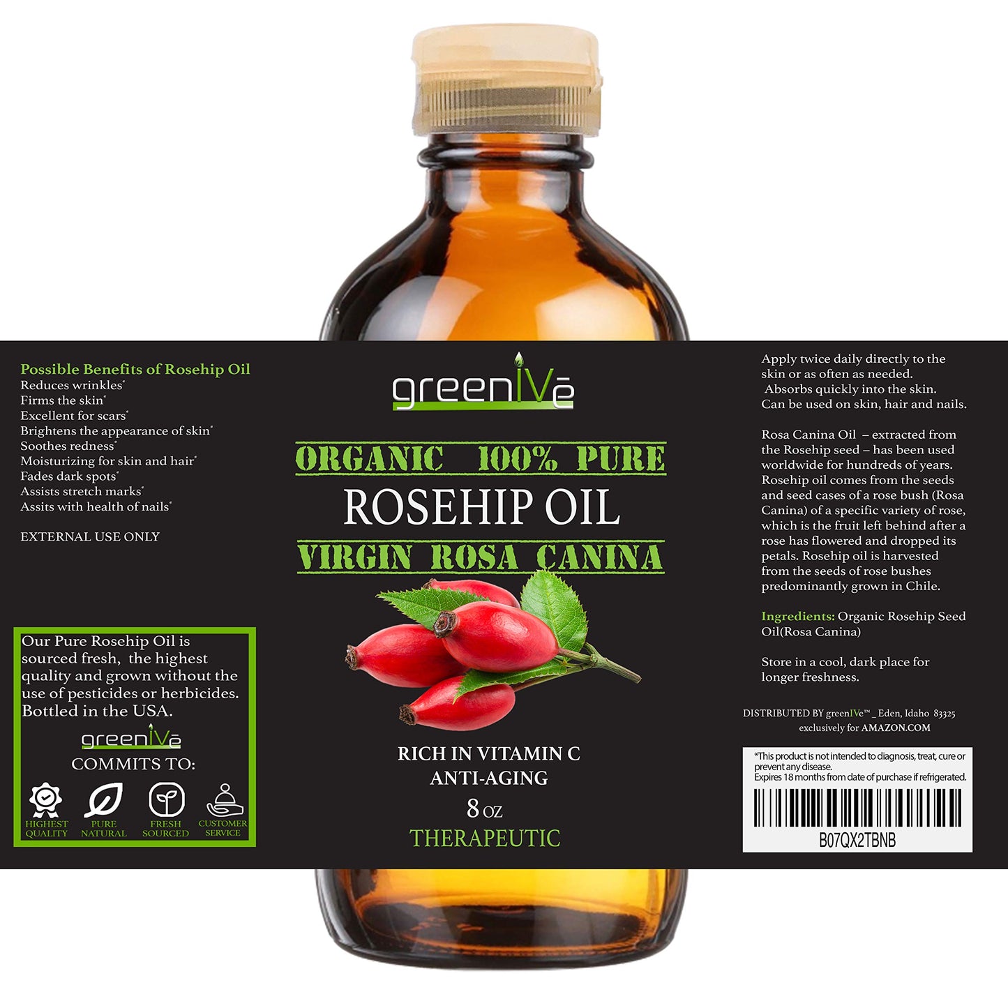 Greenive – Aceite de Rosa Mosqueta 100% Puro y Prensado en Frío – Rosa Canina – 236.59ml (8oz) – Unisex – Exclusivo en Amazon