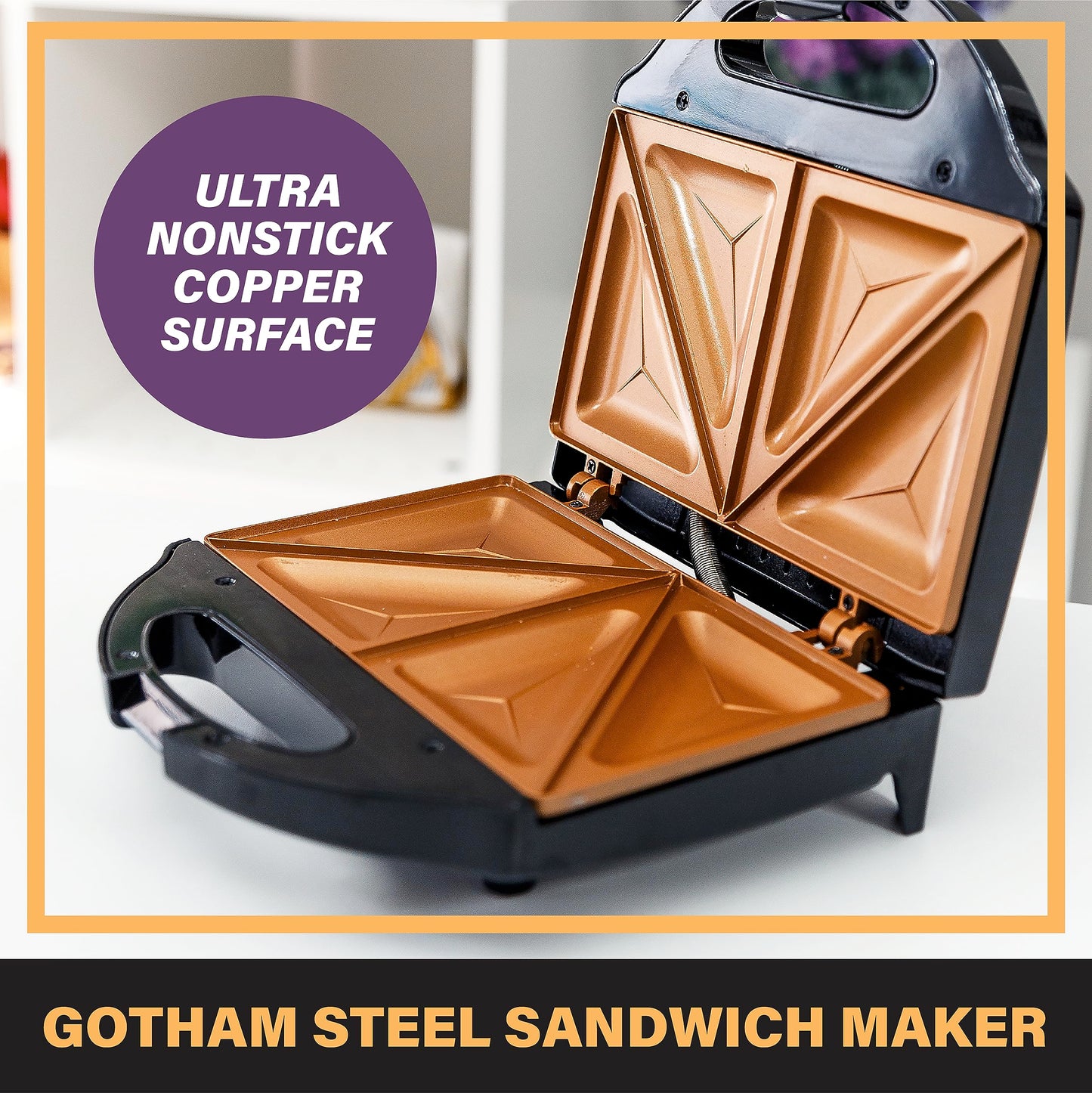 Gotham Steel Sandwich Maker, Toaster and Electric Panini Grill with Ultra Nonstick Copper Surface - Makes 2 Sandwiches in Minutes with Virtually No Clean Up, with Easy Cut Edges and Indicator Lights