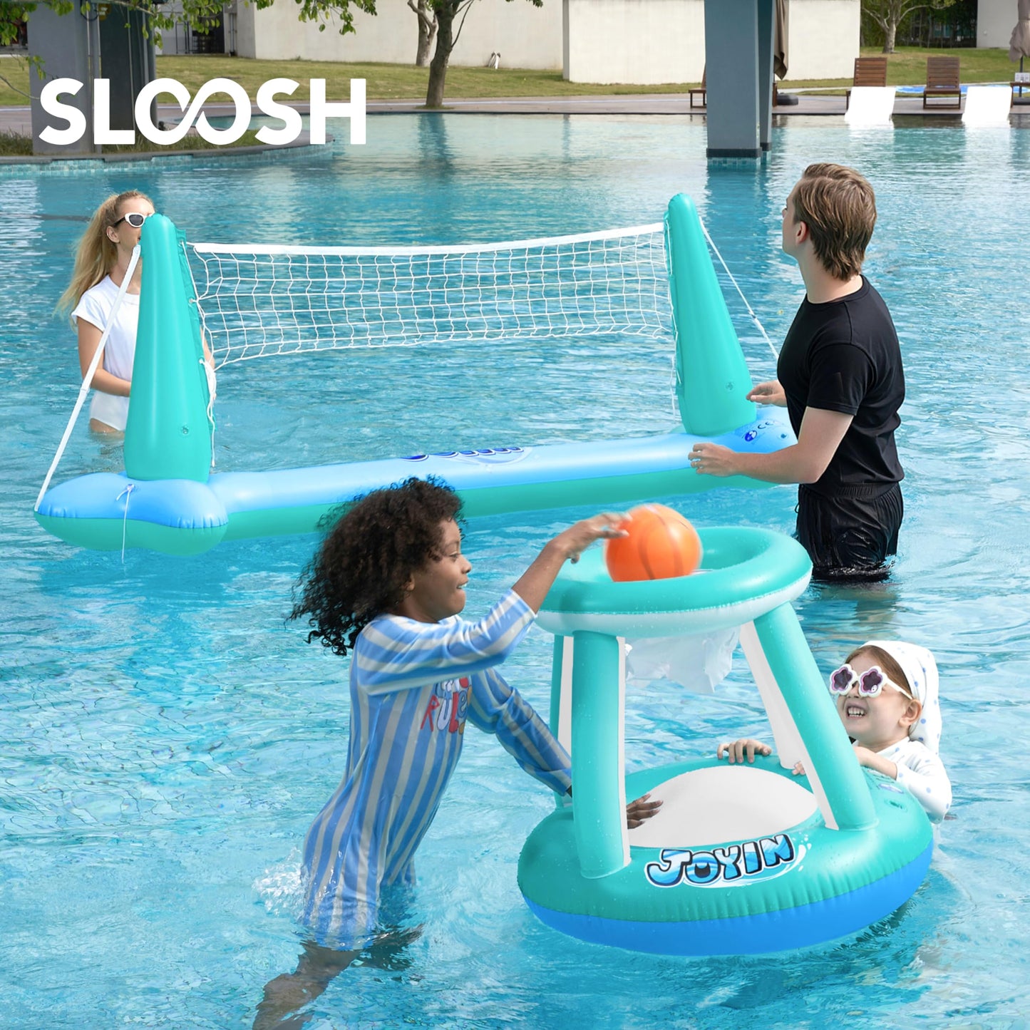 Juegos de Piscina inflables Red de Voleibol y básquetbol, Juguetes de natación Flotante para niños y Adultos, carrozas de Verano, canchas de Voleibol y Baloncesto