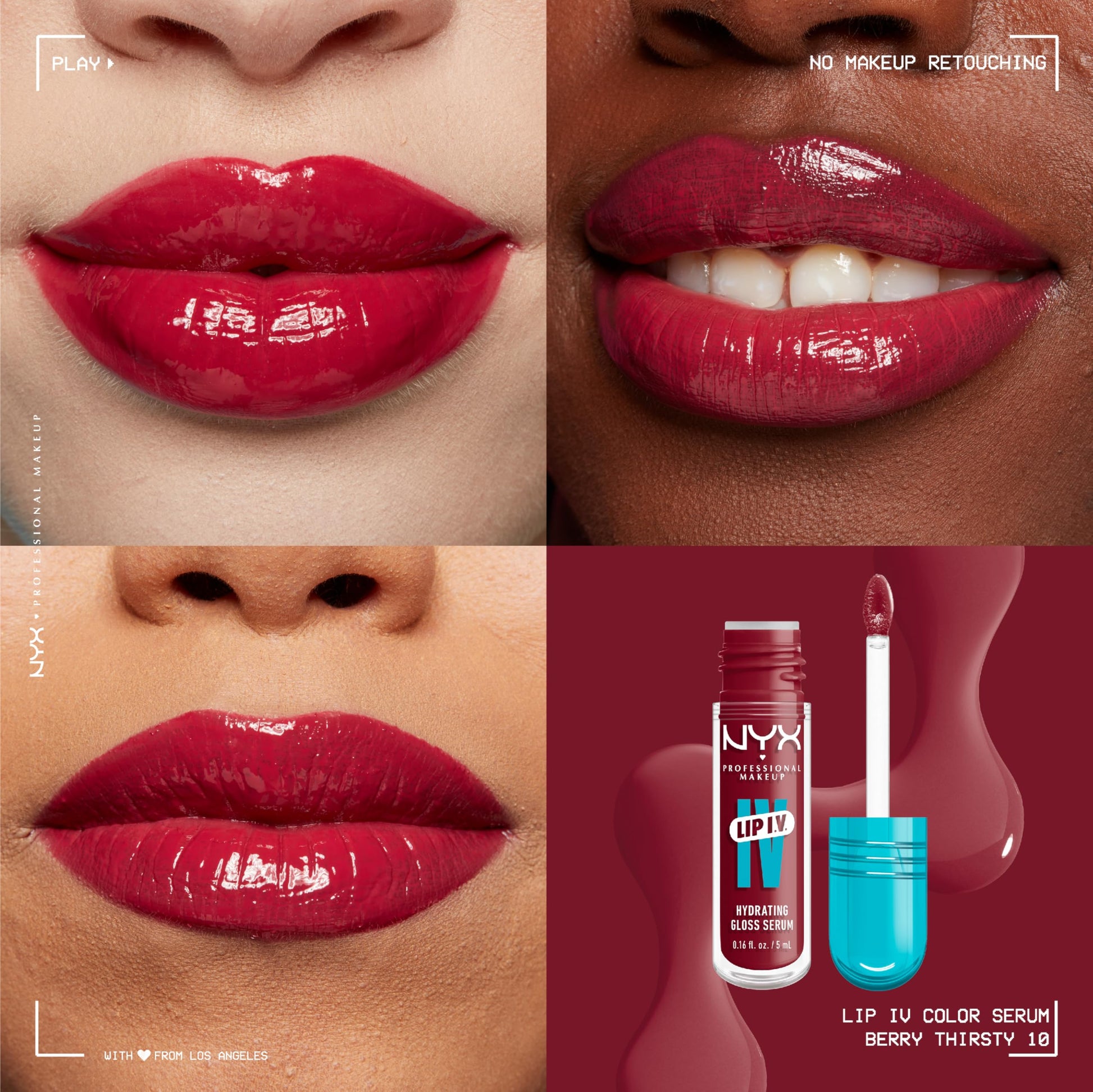NYX Professional Makeup, LIP IV Gloss Serum Hidratante, Tono: Berry Thirsty. Tinta de Labios hidratante con alto pigmento infusionado con agua de coco y magnesio. Fórmula vegana.