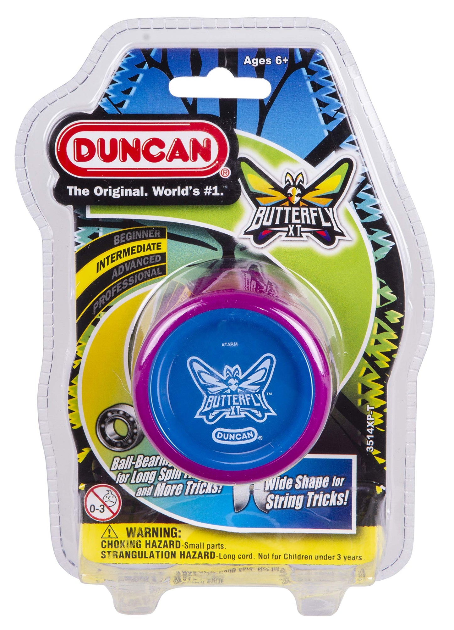 Duncan Toys Butterfly XT Yo-Yo con Cuerda, Eje de rodamiento de Bolas y Cuerpo de plástico, Truco de Cuerda, Morado con Tapa Azul