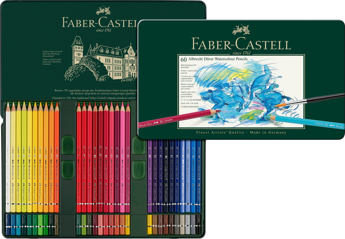 Faber-Castell Albrecht Dürer Colores Acuarelables Profesional con 60 Diferentes Colores, estos lápices acuarelables combinan la precisión del dibujo con la fluidez de la acuarela